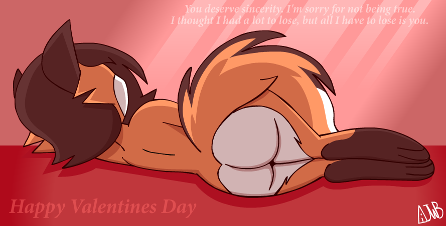 animatedjames anthro brown_body brown_fur brown_hair butt canid canine english_text female fox fur hair holidays lying macy mammal nude on_side orange_body orange_fur rear_view solo tail text valentine's_day white_body white_fur