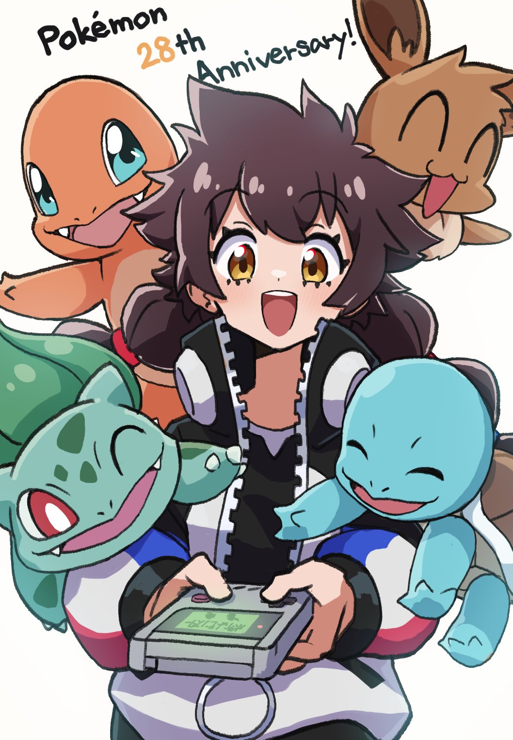 1girl :d ^_^ anniversary black_jacket black_shirt brown_eyes brown_hair bulbasaur charmander closed_eyes commentary_request copyright_name eevee eyelashes gotcha! gotcha!_girl_(pokemon) handheld_game_console happy highres hiisu_(s-1104-d) holding holding_handheld_game_console jacket long_hair looking_at_viewer open_mouth pokemon pokemon_(creature) shirt smile squirtle starter_pokemon_trio teeth twintails upper_teeth_only zipper