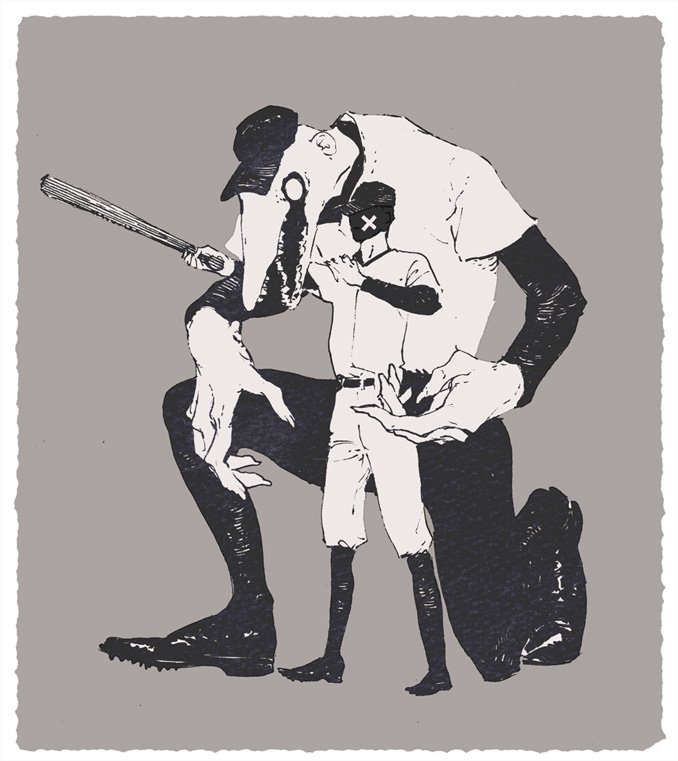 2boys alternate_form baseball_bat baseball_cap baseball_uniform boots border commentary dual_persona faceless facing_viewer grey_background greyscale hand_on_own_shoulder hat holding holding_baseball_bat knee_boots large_hands male_focus monochrome multiple_boys nagabe o_o off_(game) on_one_knee open_mouth outstretched_arm pants rounded_corners sharp_teeth shirt simple_background sportswear standing teeth the_batter_(off) white_border x