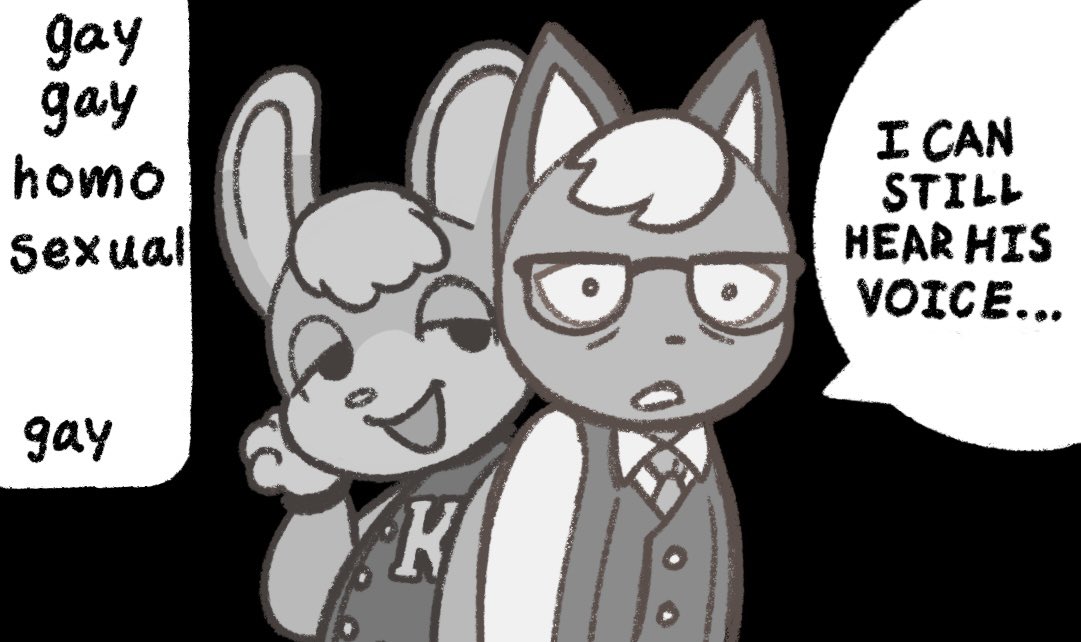 2024 animal_crossing anthro black_background clothing domestic_cat duo english_text eyewear felid feline felis glasses greyscale hair half-closed_eyes humor jacket lagomorph leporid male mammal meme monochrome narrowed_eyes necktie nintendo oofxd open_mouth rabbit raymond_(animal_crossing) sasha_(animal_crossing) simple_background smug surprised_expression text topwear