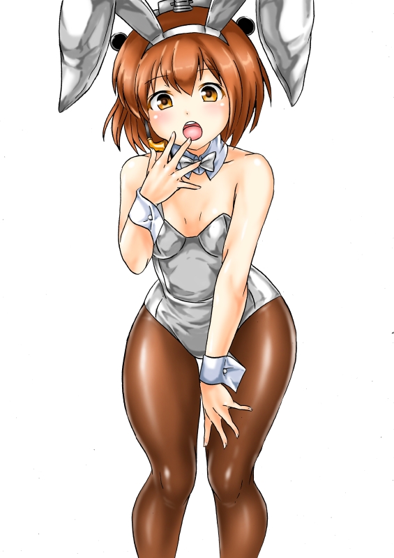 1girl animal_ears bare_shoulders blush breasts brown_eyes brown_hair brown_pantyhose covered_navel detached_collar headgear highleg highleg_leotard kantai_collection kudou_(ooabareteng) leotard looking_at_viewer open_mouth pantyhose playboy_bunny rabbit_ears short_hair small_breasts smile solo strapless strapless_leotard white_leotard yukikaze_(kancolle)