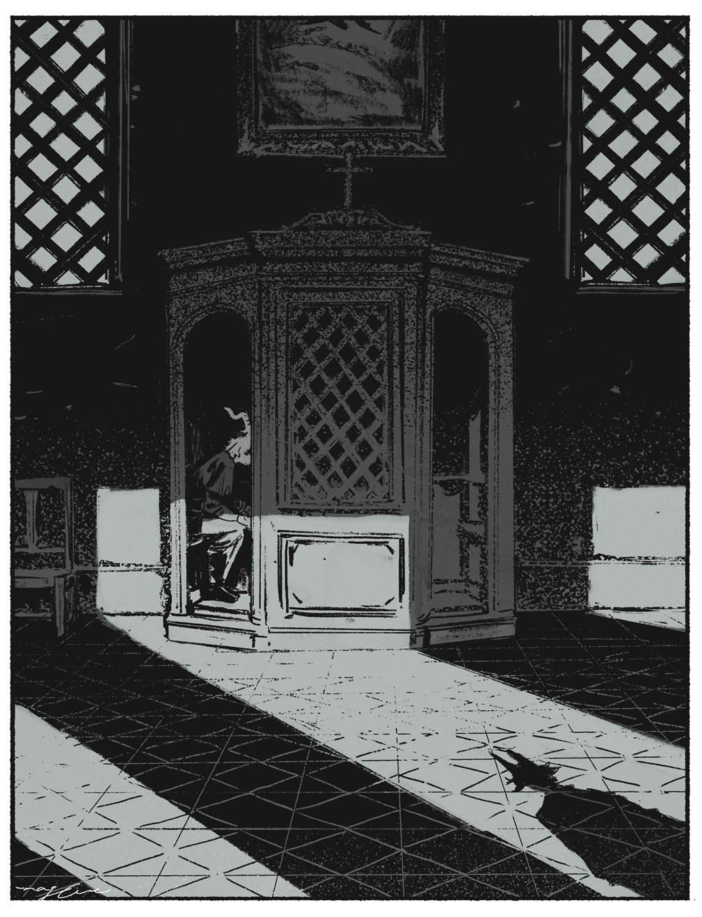1boy animal_ears border chair church commentary confessional from_side furry furry_male goat_boy goat_ears goat_horns greyscale high_contrast highres horns indoors lattice monochrome nagabe original painting_(object) scenery shadow signature sitting white_border wide_shot window