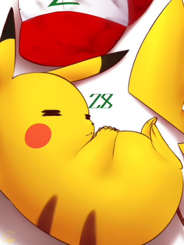 :&lt; animal_focus closed_eyes closed_mouth commentary_request from_above hands_on_own_stomach hat lnyn_(user_vxdh4425) lying no_humans on_side pikachu pokemon pokemon_(anime) pokemon_(classic_anime) pokemon_(creature) solo unworn_hat unworn_headwear white_headwear