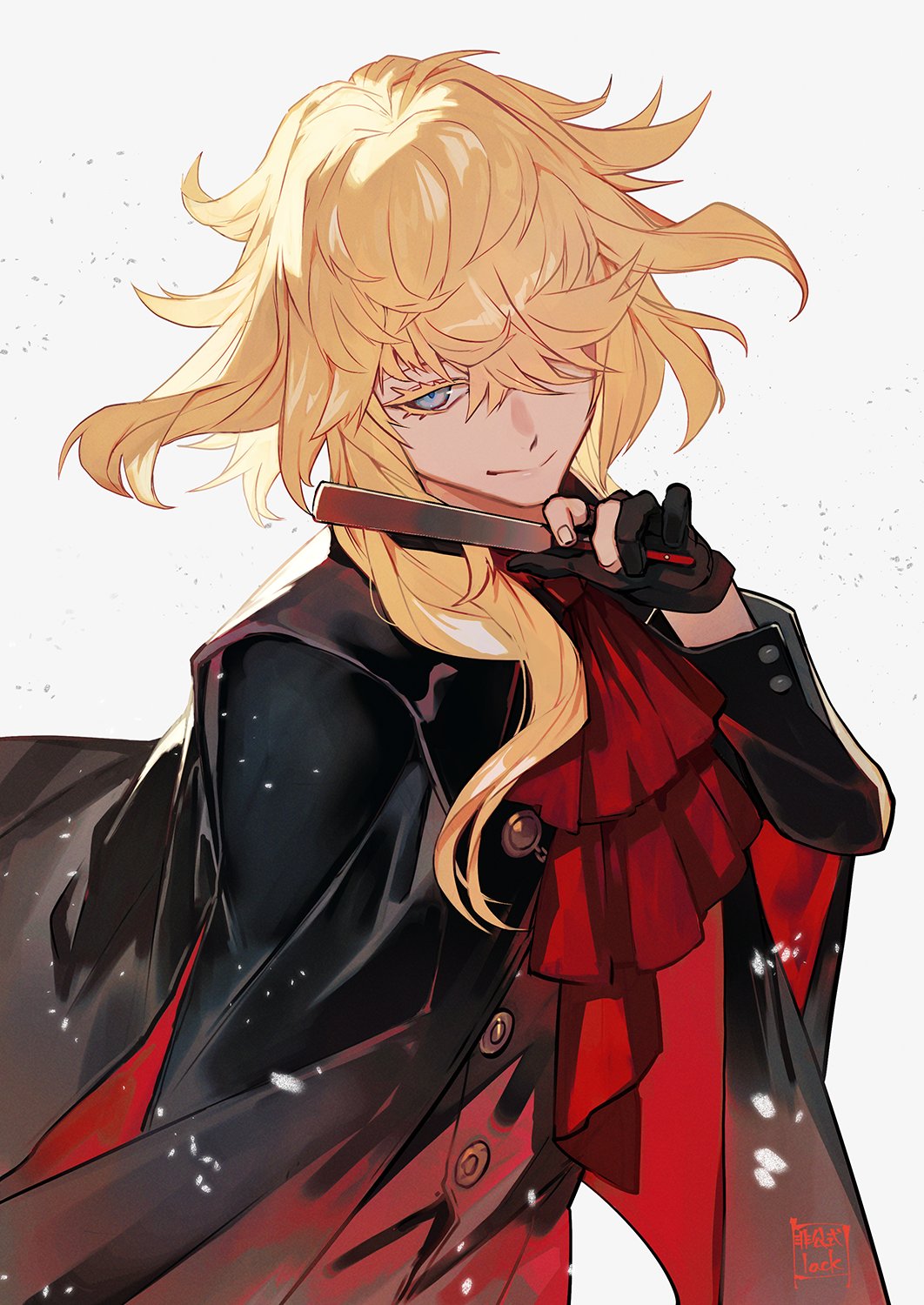 1boy artist_name ascot black_coat black_gloves blonde_hair blue_eyes closed_mouth coat colored_eyelashes folded_fan folding_fan gloves hair_over_one_eye hair_over_shoulder hand_fan highres holding holding_fan ichimonji_norimune lack long_hair long_sleeves looking_at_viewer male_focus partially_fingerless_gloves red_ascot simple_background smile solo touken_ranbu upper_body white_background