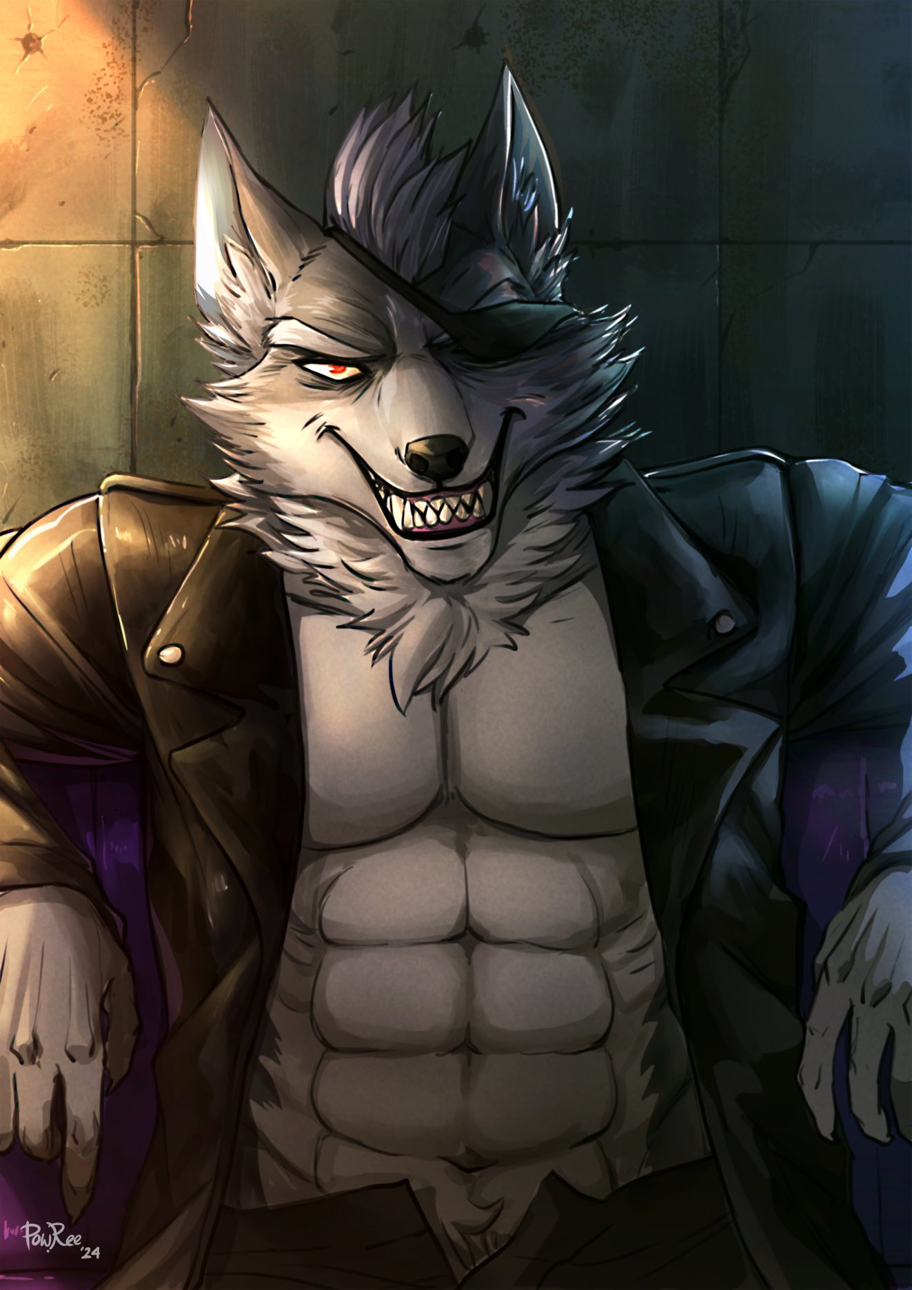 2024 abs anthro canid canine canis clothed clothing eye_patch eyebrows eyewear fur grey_body grey_fur grin hi_res inner_ear_fluff looking_at_viewer male mammal muscular neck_tuft nintendo open_clothing portrait powree red_eyes sharp_teeth smile solo star_fox teeth tuft wolf wolf_o'donnell