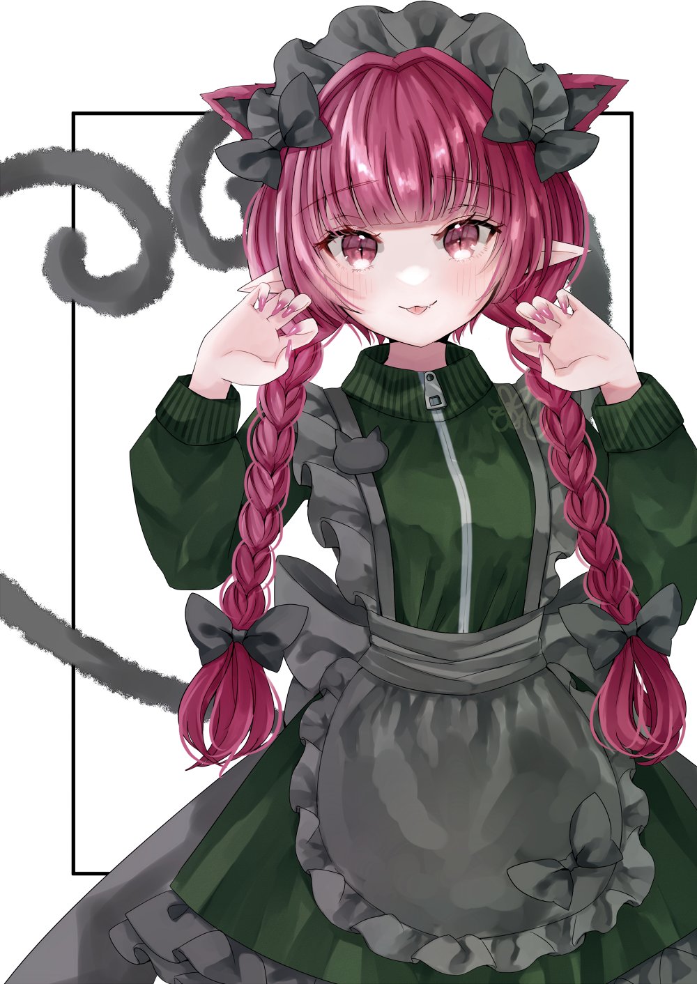 1girl alternate_costume animal_ears apron black_apron black_bow blush bow braid cat_ears cat_tail claw_pose closed_mouth enmaided extra_ears fang fingernails frilled_apron frills hair_bow highres jaku_sono jersey jersey_maid kaenbyou_rin long_fingernails long_hair long_sleeves maid maid_apron maid_headdress multiple_tails nail_polish pointy_ears red_eyes red_hair red_nails sharp_fingernails smile solo tail tongue tongue_out touhou twin_braids two_tails unconventional_maid