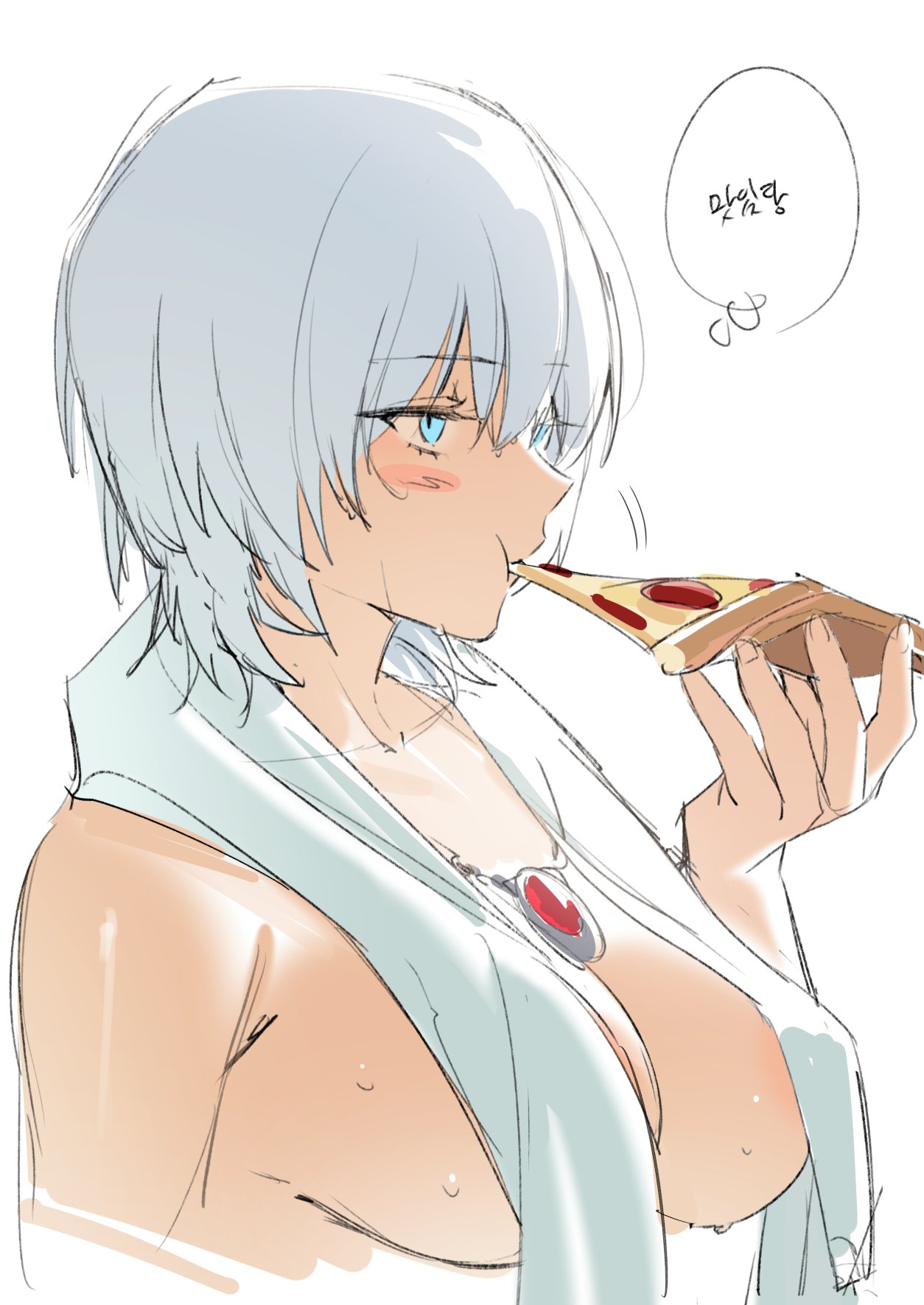 bechu blue_eyes blush breasts censored cleavage dante_(devil_may_cry) devil_may_cry_(series) eating food genderswap genderswap_(mtf) grey_hair hair_between_eyes highres holding holding_food holding_pizza jewelry korean_text large_breasts looking_at_viewer necklace pizza short_hair simple_background sketch solo towel towel_around_neck upper_body wet wet_hair white_background