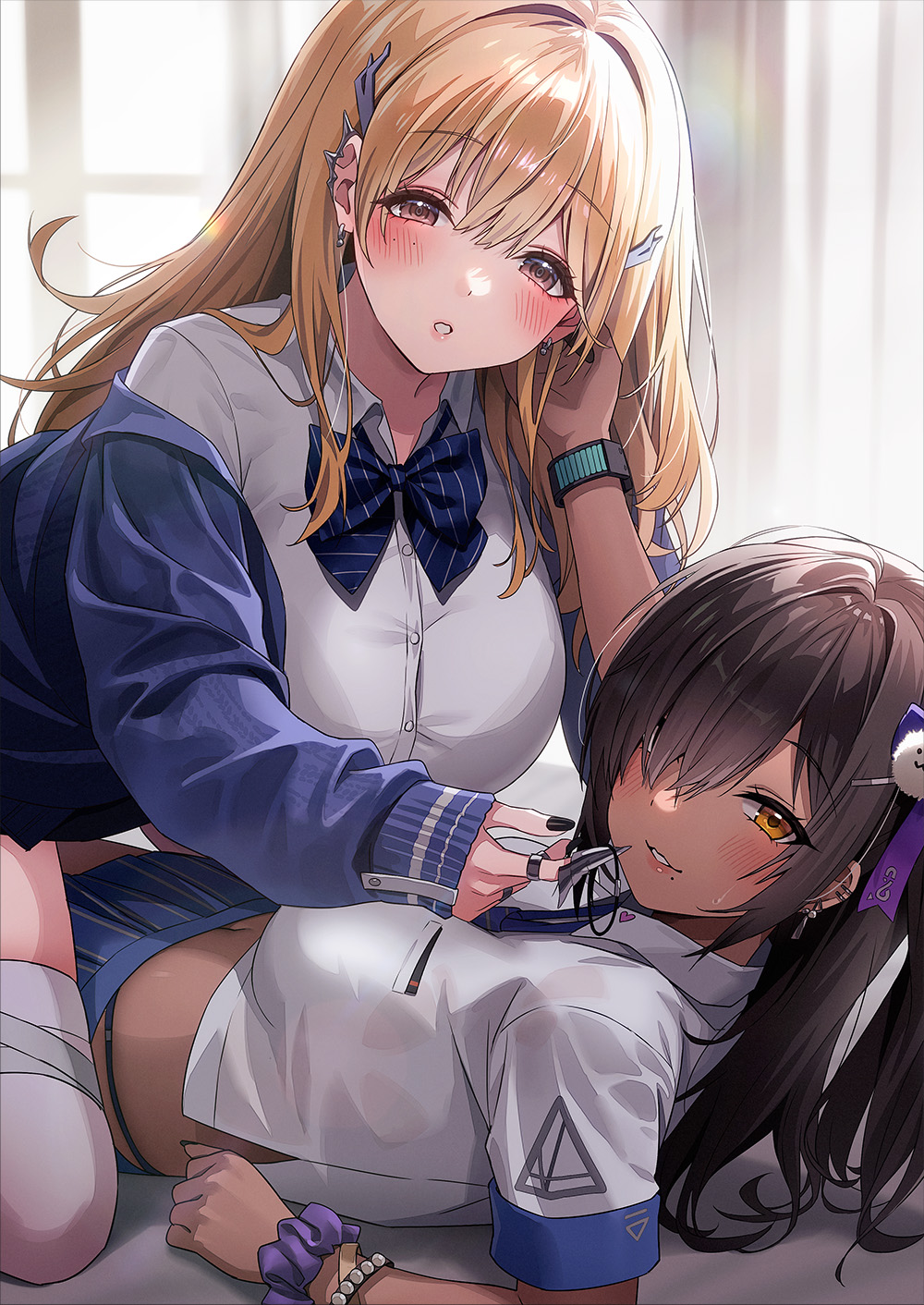 2girls black_hair black_nails blonde_hair blue_bow blue_bowtie blue_cardigan blue_skirt blush bow bowtie breasts brown_eyes button_gap cardigan claw_ring commentary_request cropped_shirt dark-skinned_female dark_skin fingernails goddess_of_victory:_nikke gyaru hair_over_one_eye highres jewelry large_breasts looking_at_viewer loose_bowtie midriff multiple_girls multiple_rings naga_(nikke) nail_polish on_person one_side_up purple_scrunchie ring scrunchie shirt skirt sleeves_past_wrists smile sonsoso spike_piercing tia_(nikke) white_shirt wrist_scrunchie yellow_eyes
