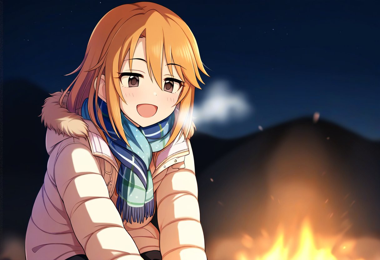 1girl :d ai-generated akito_(nanoha_82) blurry blurry_background breath brown_eyes coat depth_of_field fire fur_trim hair_between_eyes half-closed_eyes hood idolmaster idolmaster_cinderella_girls idolmaster_cinderella_girls_u149 jacket light_blush long_sleeves night night_sky open_clothes open_jacket open_mouth orange_hair outdoors scarf sidelocks sky smile solo white_jacket winter_clothes yuuki_haru