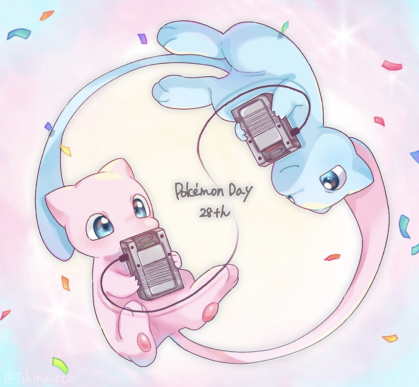 alternate_color anniversary aqua_eyes blush closed_mouth commentary_request confetti copyright_name game_boy game_link_cable handheld_game_console highres holding holding_handheld_game_console ichino_cco mew_(pokemon) no_humans pokemon pokemon_(creature) rotational_symmetry shiny_pokemon smile