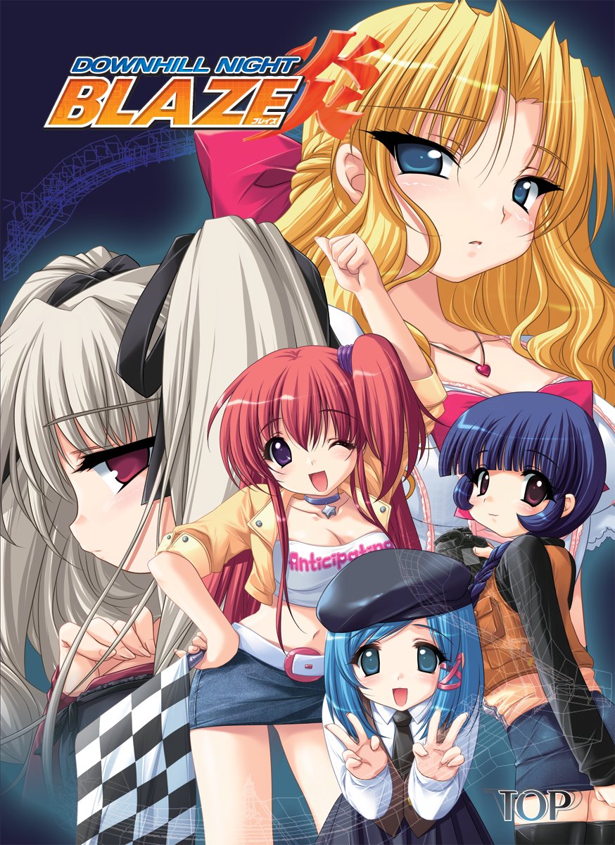 5girls asagiri_tomomi asahina_rinka belt beret black_headwear black_necktie black_sweater blonde_hair blue_eyes blue_hair blue_skirt blush bow braid breasts brown_vest cleavage collarbone collared_shirt copyright_name cover crown_braid dress emily_(pure_dream) frown grey_hair hair_behind_ear hand_on_own_chest hat highres jacket komachi_(moero_downhill_night) long_sleeves medium_breasts medium_hair midriff miniskirt moero_downhill_night_blaze multiple_girls narukami_kei navel necktie official_art one_eye_closed one_side_up parted_lips purple_eyes red_bow red_eyes red_hair shirt skirt strapless sweater toudouin_reiko tube_top twintails vest video_game_cover white_belt white_dress white_shirt white_tube_top yellow_jacket