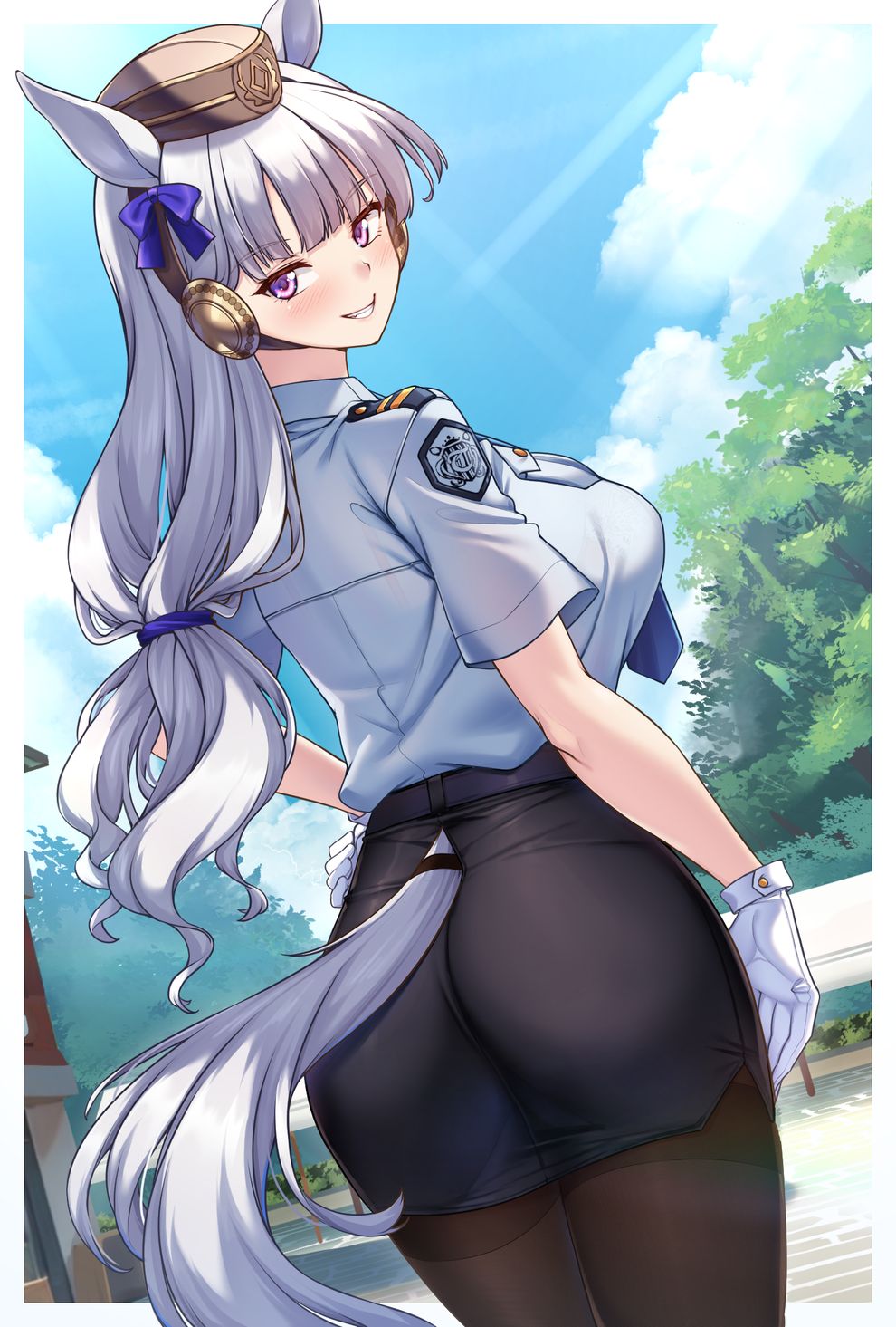 1girl alternate_costume animal_ears ass black_pantyhose black_skirt blue_necktie blue_shirt blunt_bangs bow breasts cowboy_shot drill_hair drill_sidelocks dutch_angle ear_bow from_behind gloves gold_ship_(umamusume) grey_hair grin hand_on_own_hip highres horse_ears horse_girl horse_tail impossible_clothes impossible_skirt light_rays long_hair looking_at_viewer looking_back low-tied_long_hair miniskirt necktie outdoors pantyhose park pencil_skirt pillbox_hat police police_uniform policewoman purple_eyes shirokuma_a shirt short_sleeves sidelocks skirt smile solo sunbeam sunglasses sunlight tail thighband_pantyhose umamusume uniform white_gloves