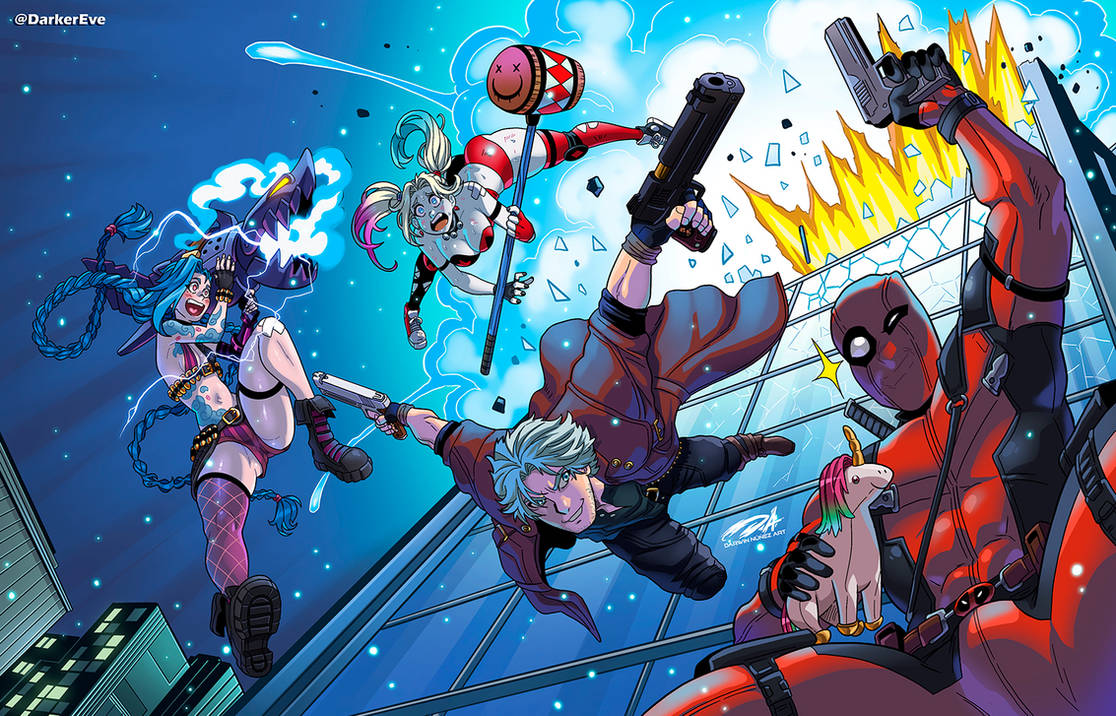 &gt;:) 2boys 2girls :d :o arm_tattoo belt belt_pouch black_footwear black_gloves black_pants bodysuit boots braid breasts building cleavage cloud_tattoo crossover dante_(devil_may_cry) darkereve dc_comics deadpool devil_may_cry_(series) dual_wielding ebony_&amp;_ivory explosion fingerless_gloves fishbones_(jinx) gloves gun harley_quinn holding holding_gun holding_mallet holding_rocket_launcher holding_weapon jacket jinx_(league_of_legends) jumping large_breasts league_of_legends long_sleeves mallet marvel midriff multicolored_hair multiple_boys multiple_girls navel night night_sky pants pouch red_bodysuit red_gloves red_jacket red_thighhighs rocket_launcher sky skyscraper smile stomach_tattoo streaked_hair stuffed_unicorn tattoo thighhighs twin_braids twintails two-tone_bodysuit uneven_eyes v-shaped_eyebrows weapon white_hair