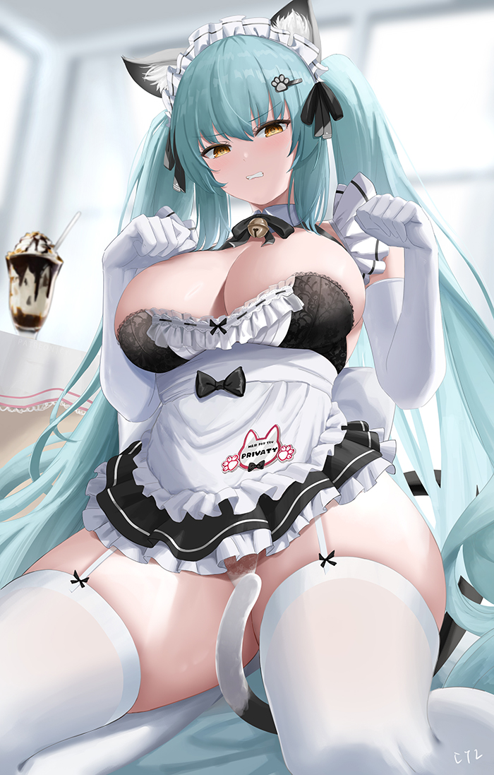 1girl animal_ears apron bare_shoulders bell black_dress blush breasts cat_ears cleavage clenched_teeth cyicheng dress elbow_gloves gloves goddess_of_victory:_nikke green_hair large_breasts long_hair looking_at_viewer maid maid_headdress neck_bell paw_hair_ornament privaty_(nikke) privaty_(unkind_maid)_(nikke) sidelocks solo teeth thighhighs thighs twintails white_apron white_gloves yellow_eyes
