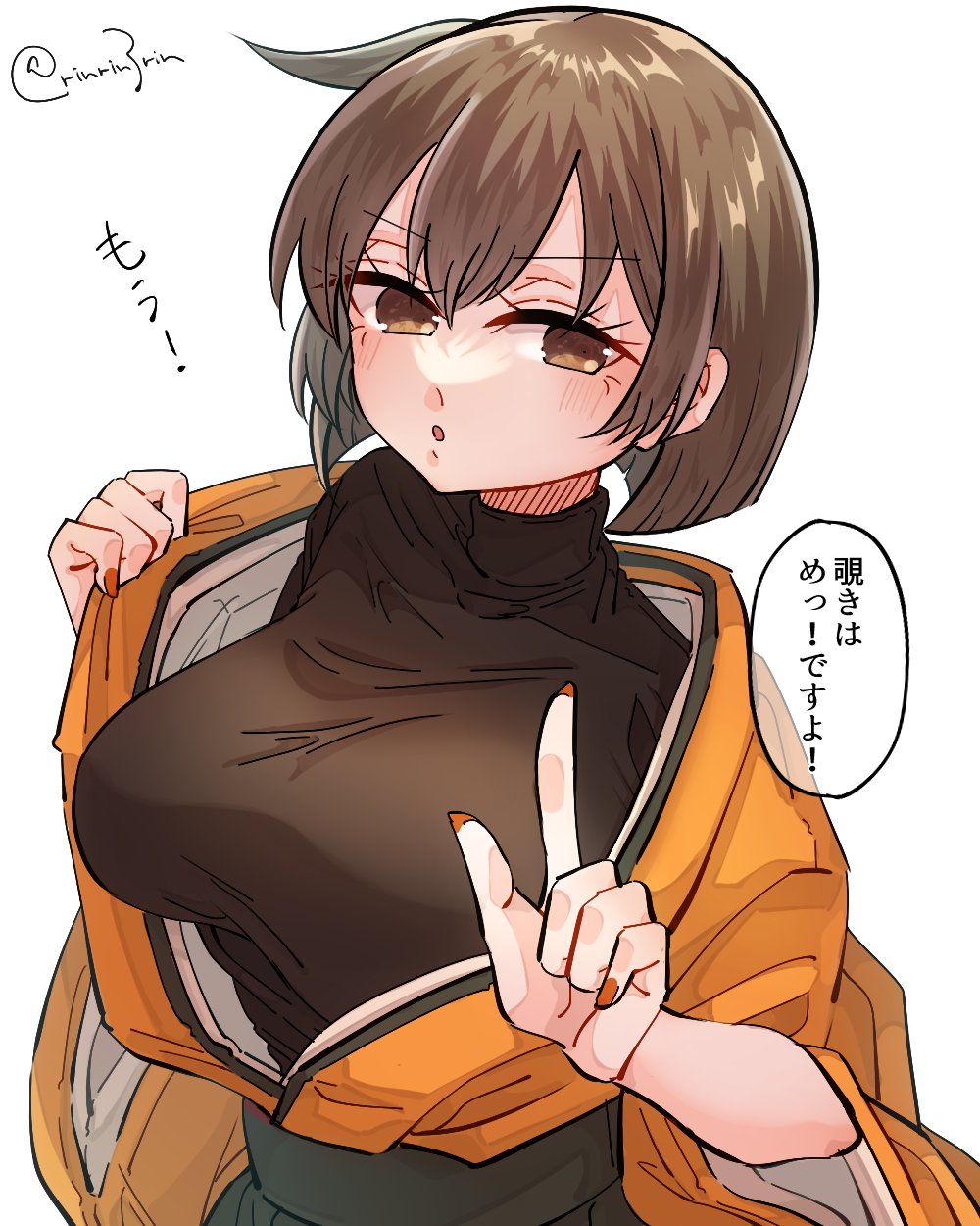 1girl black_shirt breasts commentary_request green_hakama hakama highres hiryuu_(kancolle) index_finger_raised japanese_clothes kantai_collection kimono large_breasts matsunaga_(haku) nail_polish one_side_up orange_kimono shirt short_hair simple_background solo translation_request twitter_username undershirt upper_body white_background yellow_nails