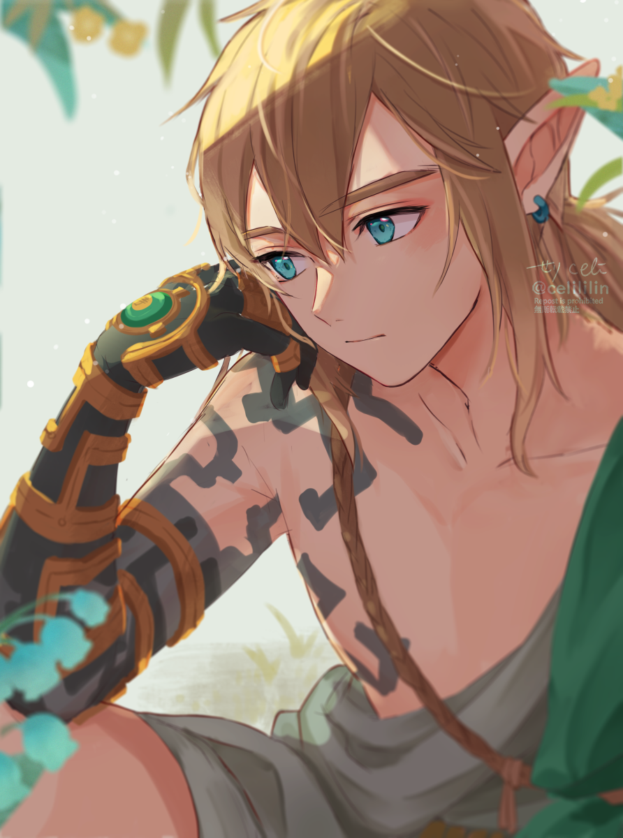 1boy arm_tattoo black_skin brown_hair closed_mouth collarbone colored_skin earrings hand_rest hand_up highres jewelry link long_hair male_focus pointy_ears seri_(yuukasakura) solo tattoo the_legend_of_zelda the_legend_of_zelda:_tears_of_the_kingdom watermark