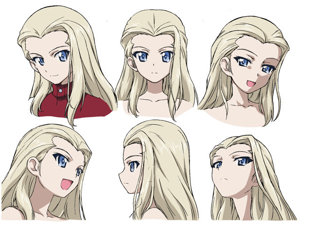 1girl blonde_hair blue_eyes clara_(girls_und_panzer) closed_mouth collarbone concept_art from_below from_side girls_und_panzer long_hair multiple_views neck official_art open_mouth red_shirt shaded_face shirt simple_background smile white_background