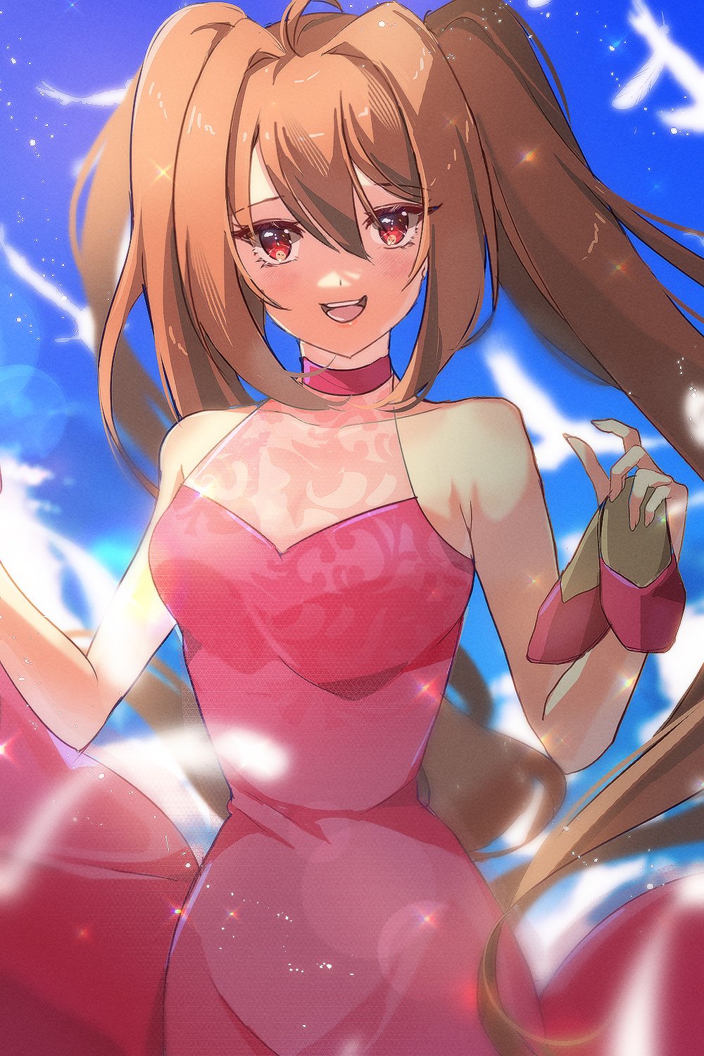 1girl ahoge antenna_hair bare_shoulders bird brown_hair commentary double-parted_bangs dress eiyuu_densetsu estelle_bright floating_hair hair_between_eyes hajimari_no_kiseki high_heels highres long_hair looking_at_viewer open_mouth red_eyes sen_no_kiseki sen_no_kiseki_iv sleeveless smile solo sora_no_kiseki twintails upper_body zer00han