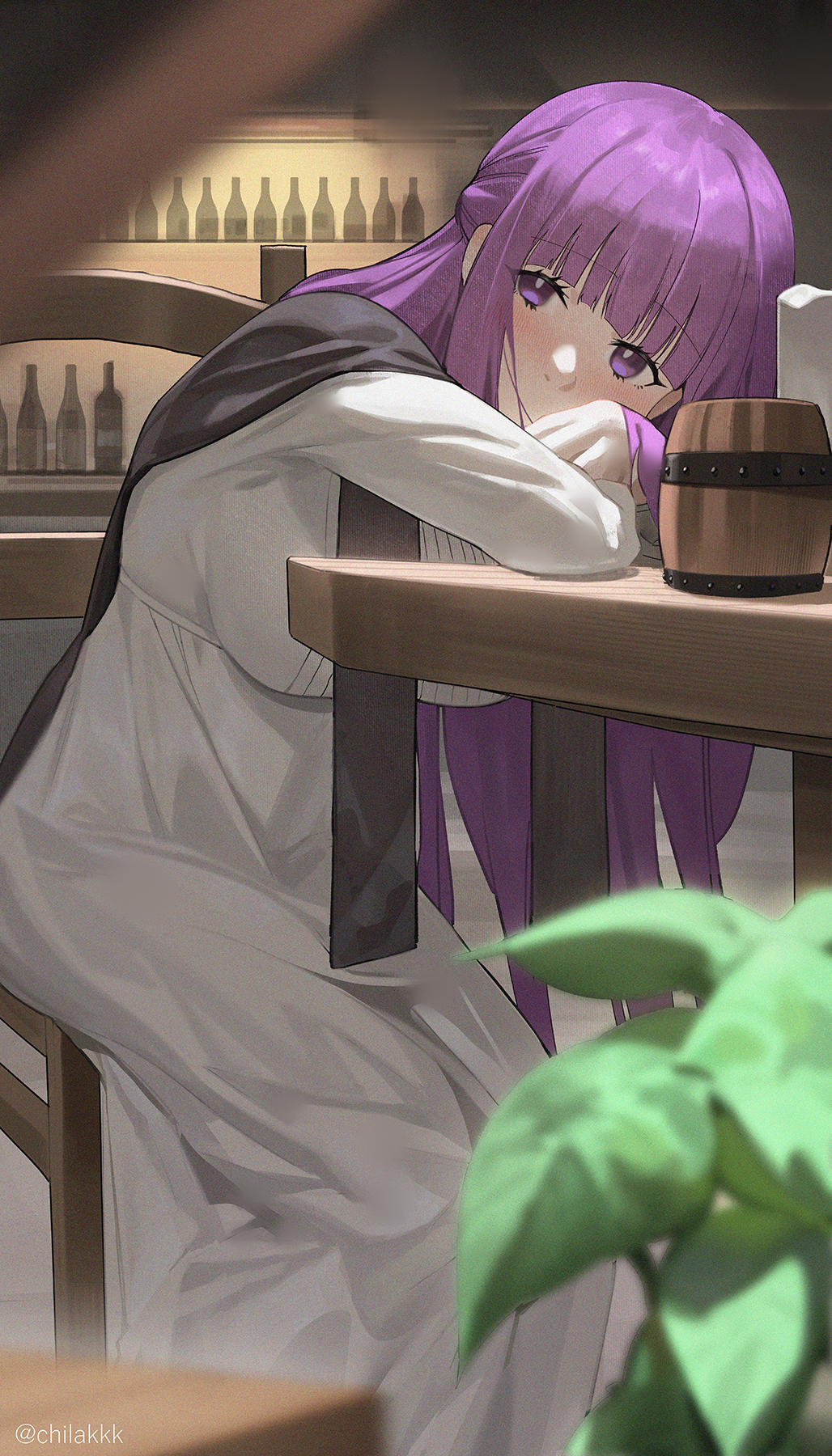 1girl bar_(place) blunt_bangs blush bottle breasts chair chilakkk commentary cup dress fern_(sousou_no_frieren) highres large_breasts long_hair long_sleeves looking_at_viewer on_chair plant purple_eyes purple_hair sitting solo sousou_no_frieren table twitter_username white_dress