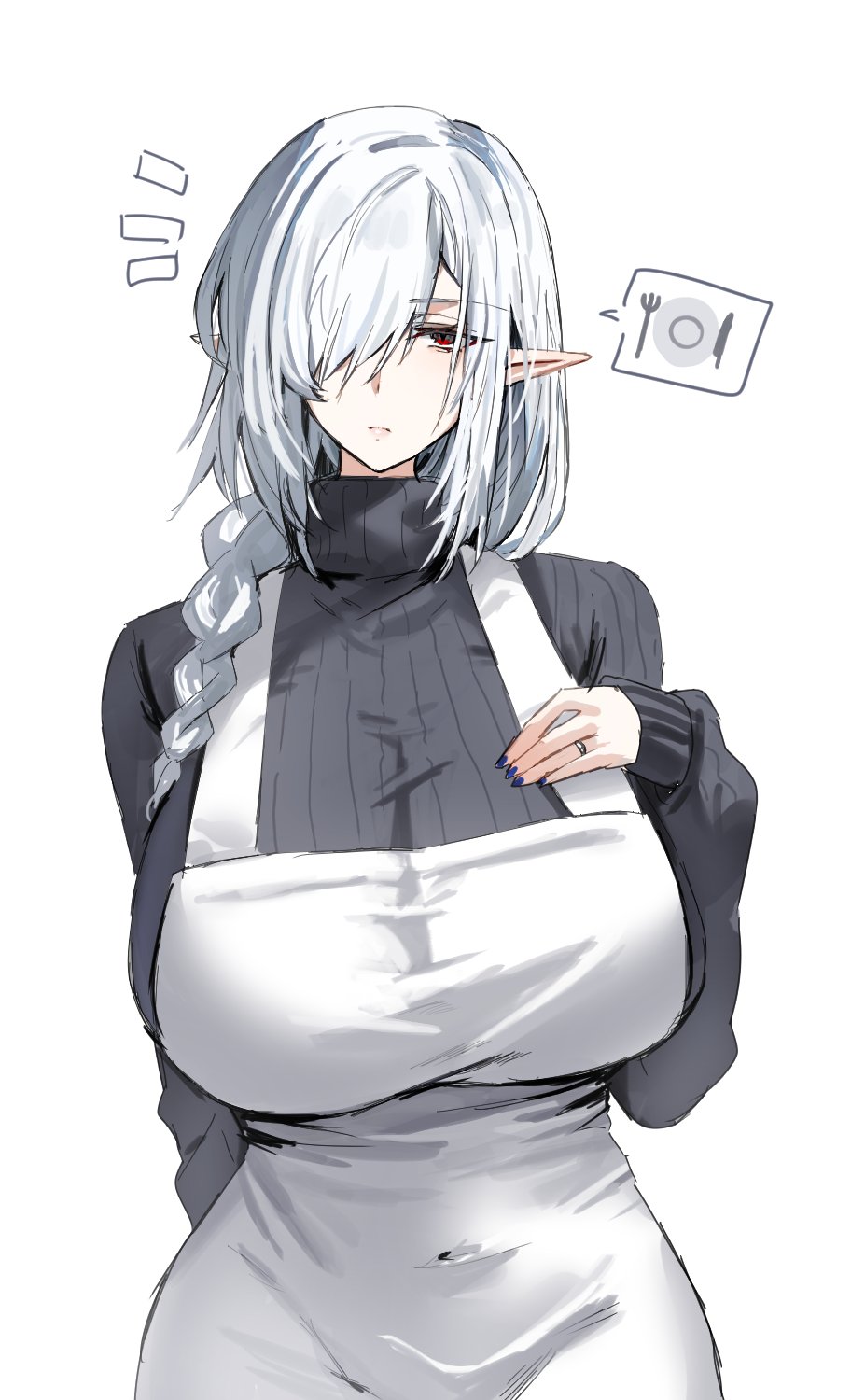 1girl alternate_costume apron arknights black_sweater breasts closed_mouth commentary_request gladiia_(arknights) hair_over_one_eye hand_on_own_chest highres horn/wood huge_breasts long_hair looking_at_viewer pointy_ears red_eyes ribbed_sweater simple_background solo spoken_object sweater turtleneck turtleneck_sweater upper_body white_apron white_background white_hair