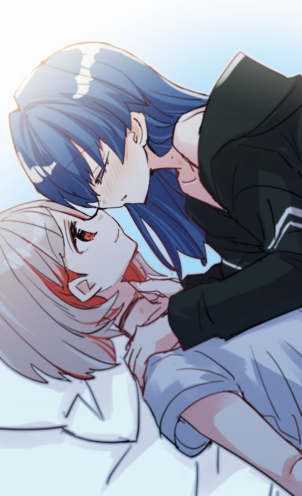 2girls black_choker blue_hair blurry choker closed_eyes collarbone colored_inner_hair dark_blue_hair depth_of_field face-to-face facing_another girl_on_top grey_hair hair_down hands_on_another's_shoulders hickey highres jacket jacket_partially_removed kanduki_kamibukuro light_blue_background light_smile link!_like!_love_live! long_hair long_sleeves looking_at_another love_live! lying mole mole_on_neck multicolored_hair multiple_girls murano_sayaka noses_touching on_back parted_lips red_hair shirt short_hair streaked_hair vignetting white_shirt yugiri_tsuzuri yuri