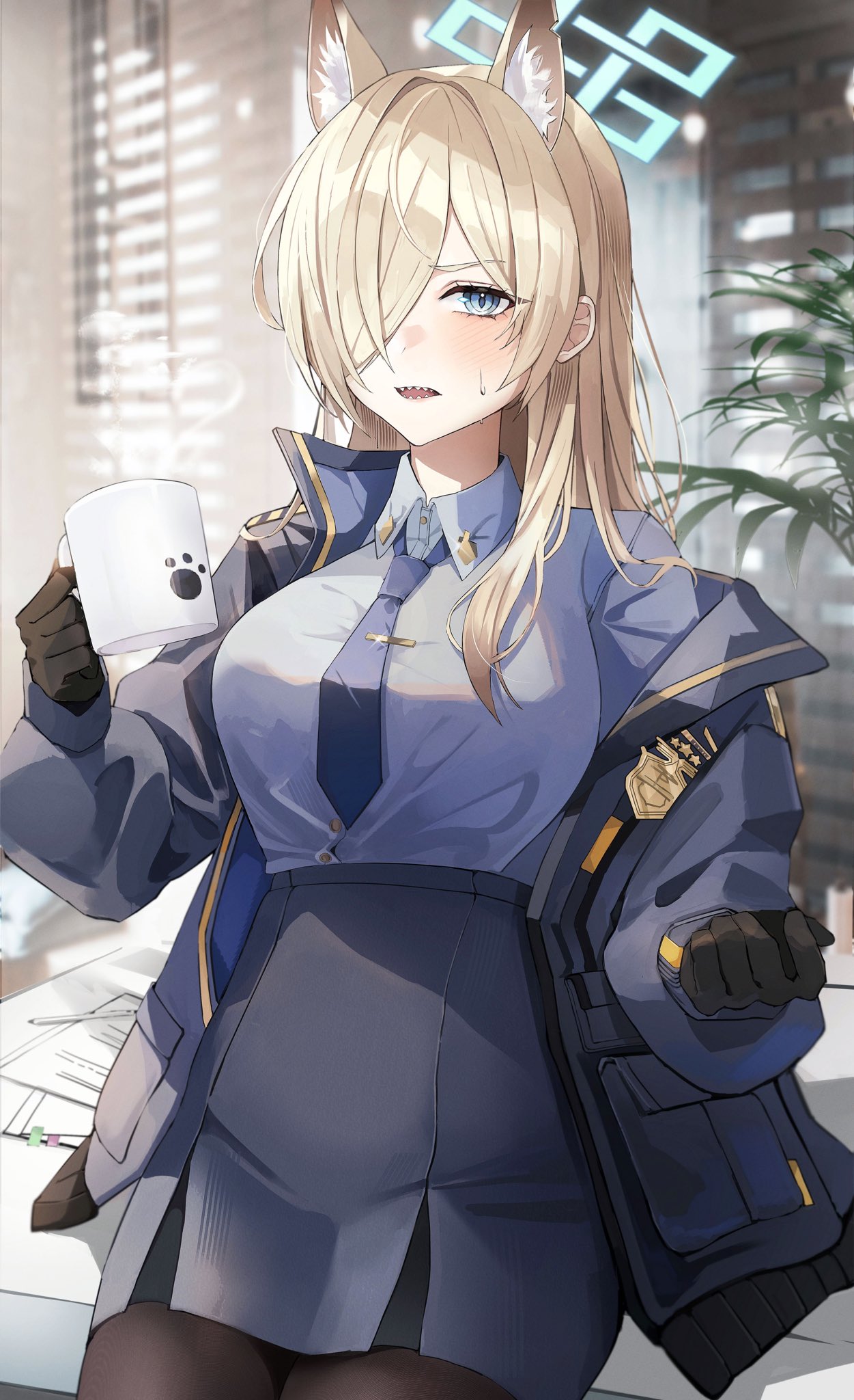 1girl animal_ear_fluff animal_ears black_gloves blonde_hair blue_archive blue_eyes blue_halo blue_jacket blue_necktie blue_shirt blue_skirt blush breasts collared_shirt commentary_request cup dog_ears dog_girl gloves hair_over_one_eye halo highres holding holding_cup indoors jacket kanna_(blue_archive) kim_leeyoon large_breasts long_sleeves looking_at_viewer mug necktie open_clothes open_jacket paper parted_bangs plant police police_badge police_uniform policewoman potted_plant puffy_long_sleeves puffy_sleeves sharp_teeth shirt skirt solo teeth tie_clip uniform