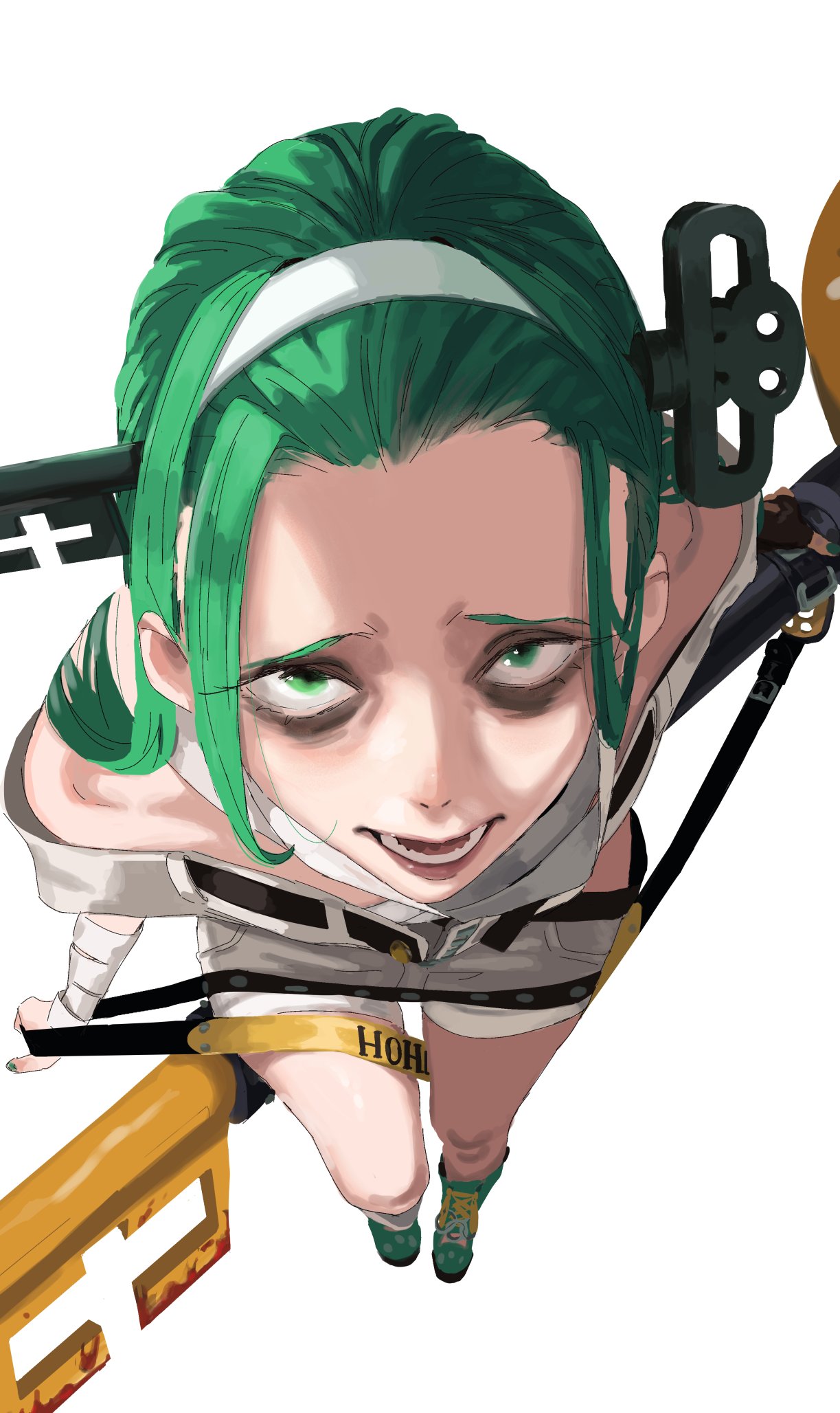 1girl a.b.a bags_under_eyes bandaged_chest bandaged_neck bandages bare_shoulders green_eyes green_hair guilty_gear guilty_gear_strive hairband highres key key_in_head long_hair looking_at_viewer object_through_head pale_skin paracelsus_(guilty_gear) starhump white_hairband