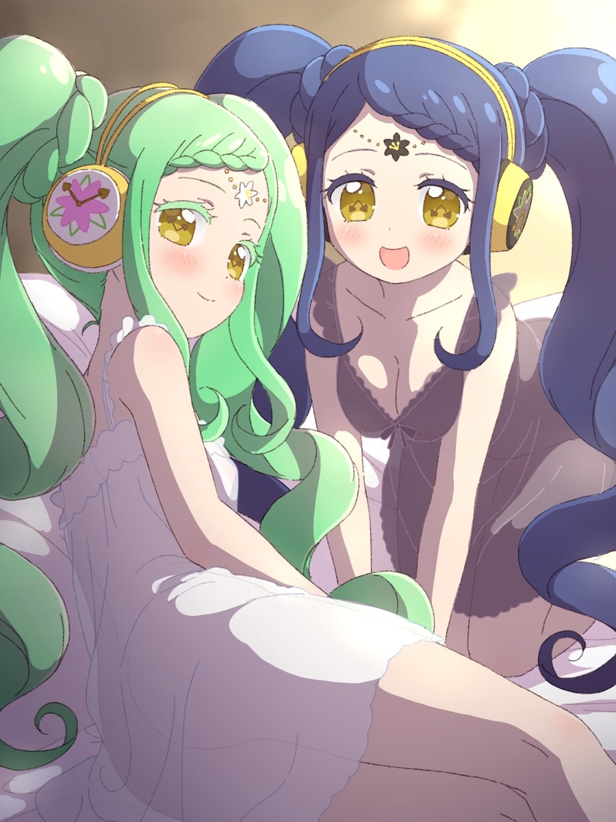 2girls :d arm_support bad_id bad_nijie_id blue_hair blush braid braided_bangs breasts chemise cleavage closed_mouth colored_eyelashes commentary_request falala_a_larm feet_out_of_frame garara_s_leep green_hair head_chain headphones highres idol_time_pripara ikzw kneeling leaning_forward long_hair looking_at_viewer looking_back lying medium_breasts multiple_girls no_panties on_side open_mouth pretty_series pripara siblings sidelocks sisters smile symbol-shaped_pupils twins twintails underwear underwear_only very_long_hair yellow_eyes