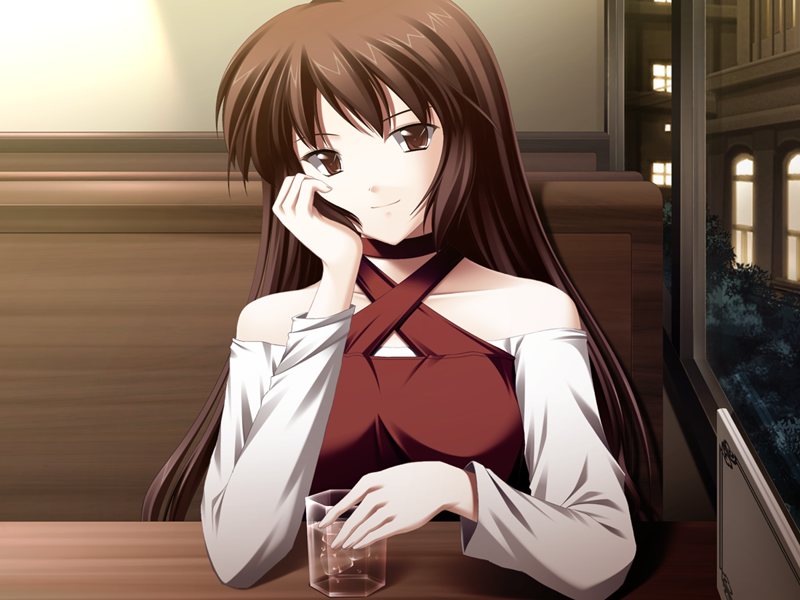 1girl akasen_gairo_~shouwa_33_nen_no_hatsuyuki~ booth_seating brown_hair cup dress drink game_cg hand_on_own_cheek hand_on_own_face holding holding_cup indoors kisugi_chihiro long_hair looking_at_viewer pov pov_across_table red_dress red_eyes ryoumoto_ken sitting smile solo table