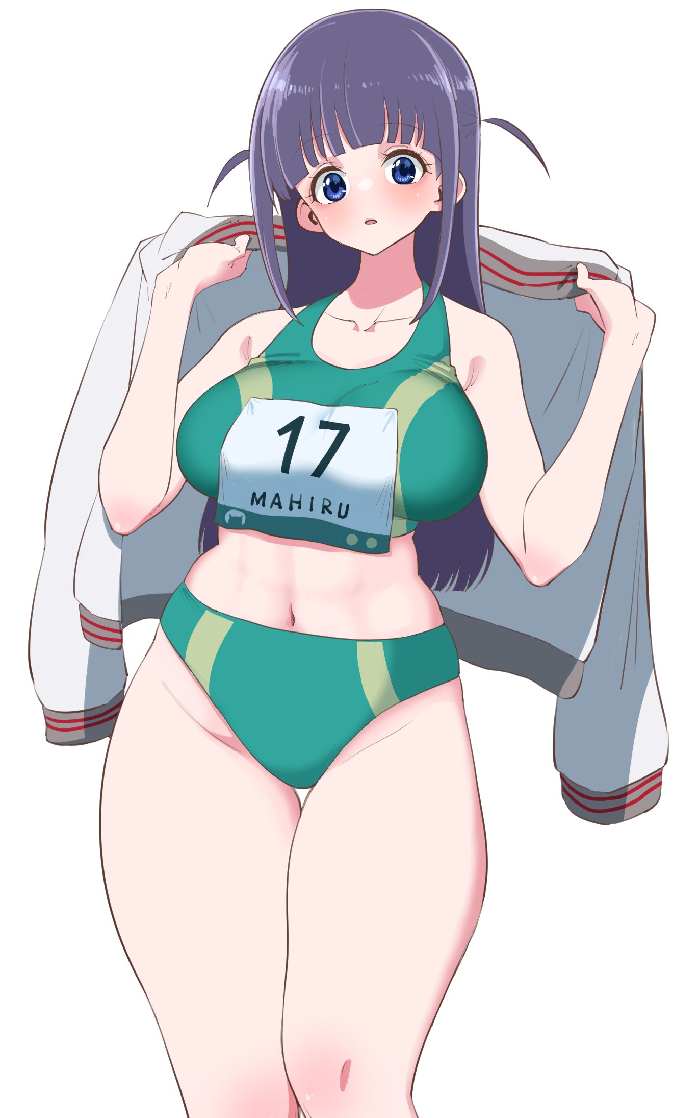 1girl bare_shoulders black_hair blue_eyes blunt_bangs breasts commentary_request highres isanainusa jacket large_breasts long_hair looking_at_viewer navel shoujo_kageki_revue_starlight sleeveless solo sports_bikini stomach thick_thighs thighs track_uniform tsuyuzaki_mahiru two_side_up white_background