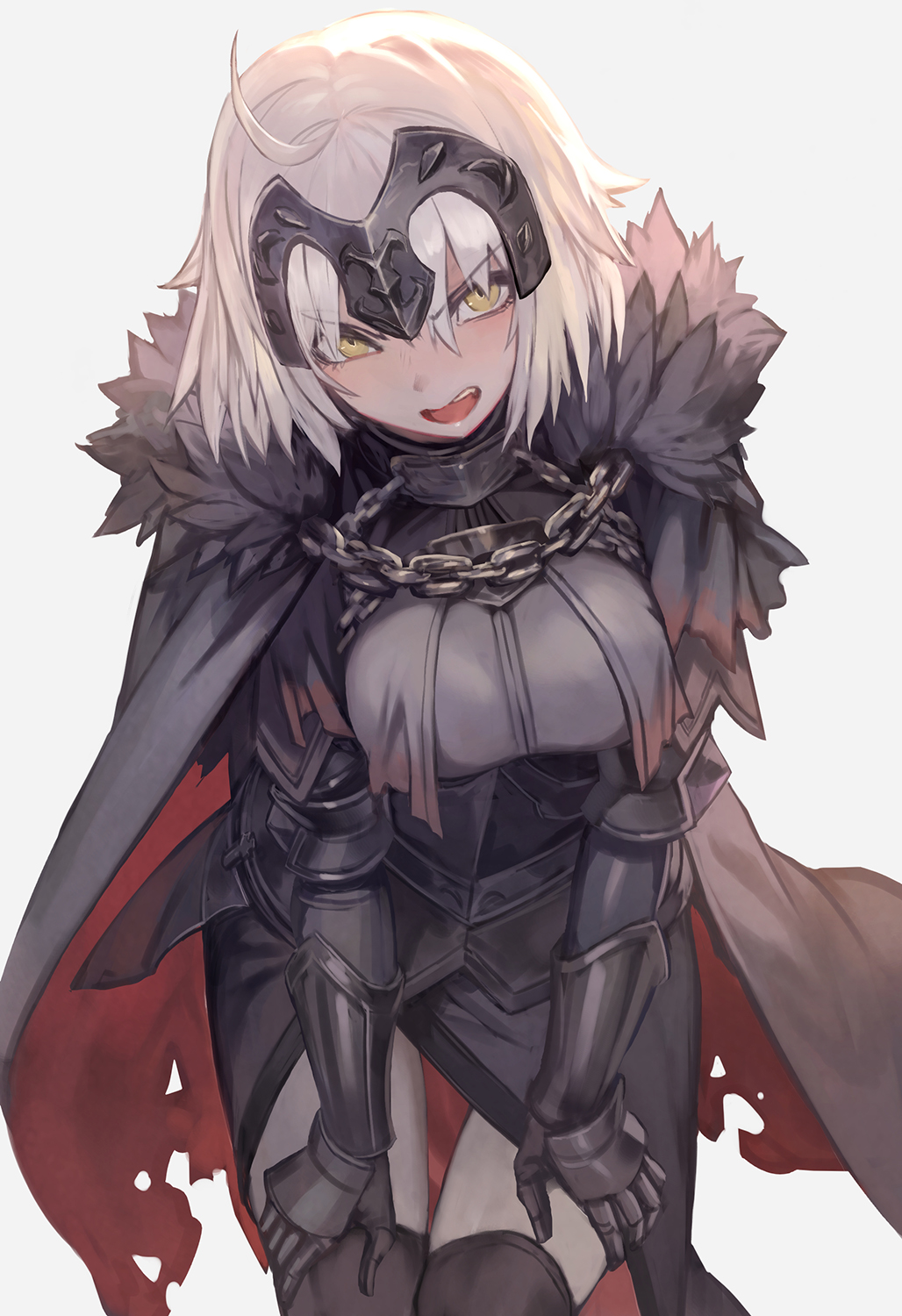 1girl ahoge armor armored_dress blush breasts cape chain coat fate/grand_order fate_(series) fur-trimmed_coat fur_trim gauntlets hands_on_own_knees headpiece highres jeanne_d'arc_alter_(avenger)_(fate) jeanne_d'arc_alter_(fate) lack large_breasts looking_at_viewer open_mouth red_cape short_hair simple_background solo thighhighs torn_cape torn_clothes tsurime two-tone_cape white_background white_hair yellow_eyes