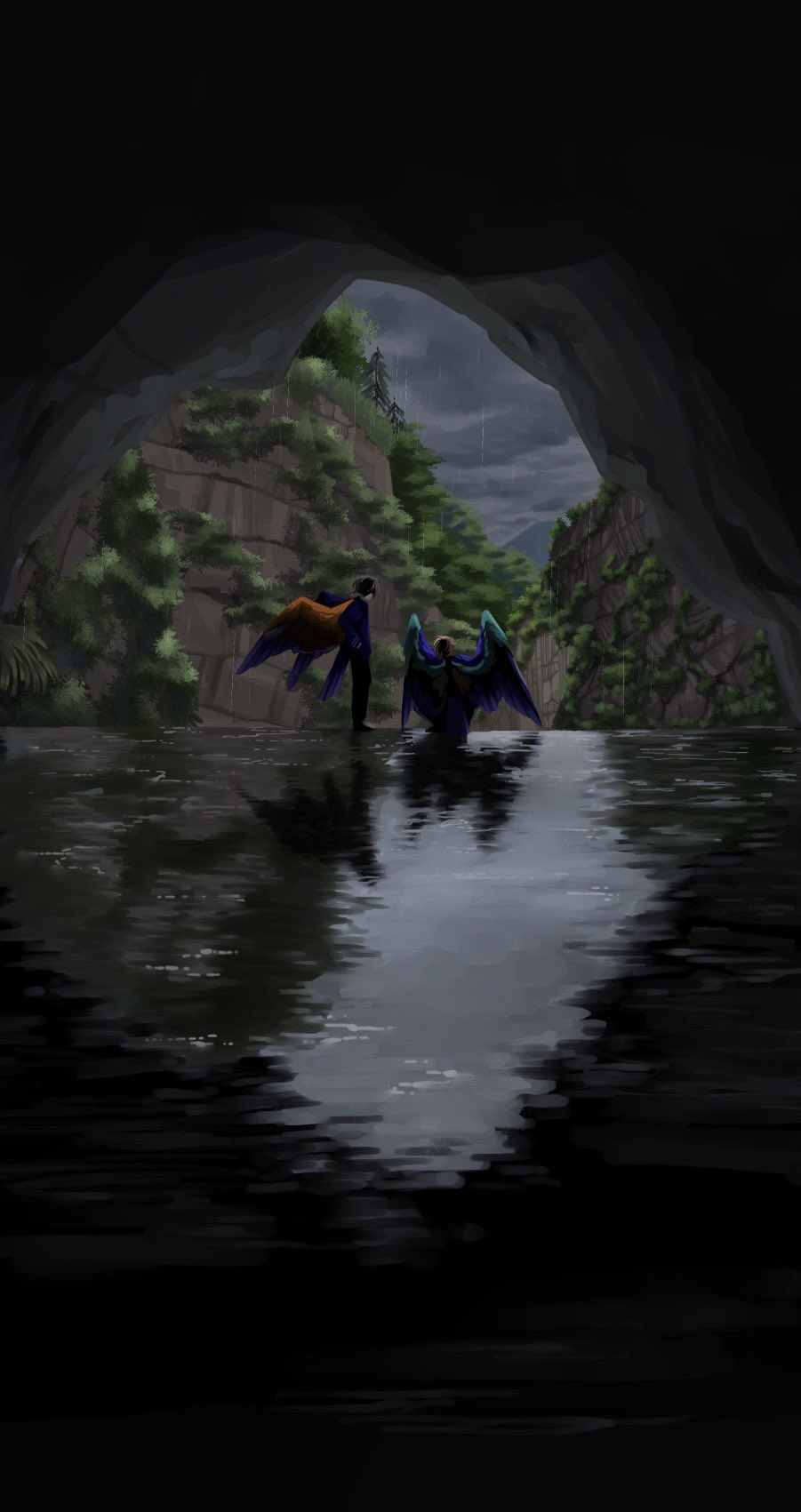 2boys bird_boy bird_tail bird_wings black_hair blue_jacket blue_wings brown_hair brown_wings cave commentary_request facing_away feathered_wings from_behind full_body highres jacket male_focus multiple_boys original outdoors rain rramarukun sitting tail water wide_shot wings