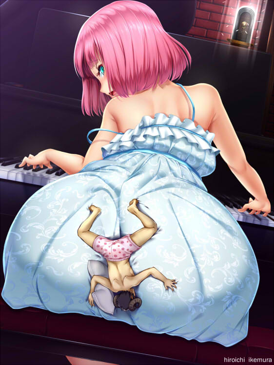 1boy 1girl artist_name ass ass_grab boxers catherine:_full_body catherine_(game) dress from_behind green_eyes horns huge_ass ikemura_hiroichi instrument looking_back miniboy music open_mouth piano pillow pink_hair playing_instrument playing_piano polka_dot_underwear rin_(catherine) sheep_horns shiny shiny_hair shirtless short_hair shoulders sitting strap_slip underwear vincent_brooks white_dress