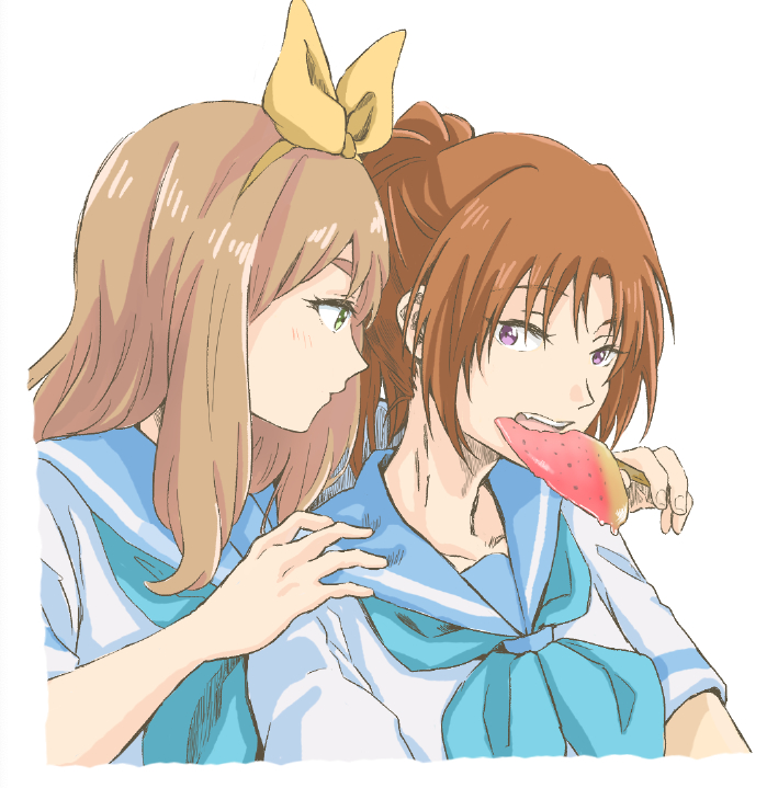 2girls blue_neckerchief blue_sailor_collar bow_hairband brown_hair closed_mouth commentary_request curryisfriend fang food fruit green_eyes hairband hand_on_another's_shoulder hibike!_euphonium holding holding_food light_brown_hair liz_to_aoi_tori long_hair multiple_girls nakagawa_natsuki neckerchief purple_eyes sailor_collar school_uniform serafuku shirt short_sleeves simple_background watermelon watermelon_slice white_background white_shirt yellow_hairband yoshikawa_yuuko