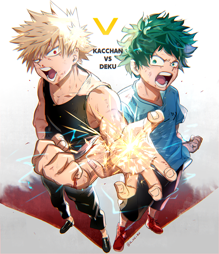 2boys anezu bakugou_katsuki bare_arms bare_shoulders black_footwear black_pants black_tank_top blonde_hair blood blood_on_face blue_shirt blurry boku_no_hero_academia character_name chromatic_aberration clenched_hand collarbone commentary cross-laced_footwear cuts depth_of_field electricity fingernails floating_clothes foreshortening freckles from_above full_body furrowed_brow green_eyes green_hair green_pupils hand_up injury instagram_username looking_at_viewer looking_to_the_side male_focus midoriya_izuku multiple_boys nosebleed open_mouth outstretched_arm outstretched_hand pants pixiv_username red_eyes red_footwear scar scar_on_arm scar_on_hand scratches serious shadow shirt shoes short_hair short_sleeves shorts side-by-side sideways_glance single_horizontal_stripe sleeveless sneakers sparks spiked_hair spoilers standing symmetrical_pose t-shirt tank_top twitter_username uneven_eyes v-shaped_eyebrows vs white_background