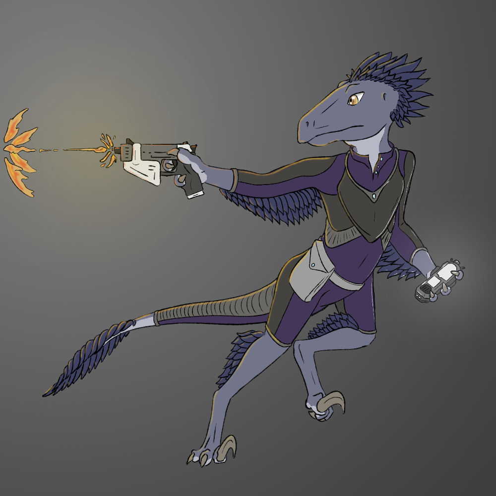 anthro clothing communicator dinosaur dromaeosaurid dromaeosaurus female gun hanakan handgun pistol ranged_weapon reptile scalie solo starfinder_(rpg) theropod tiny_terrible uniform weapon