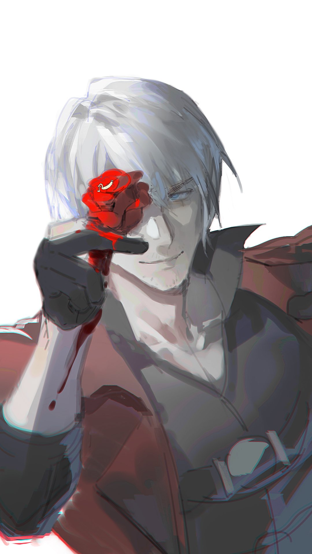 1boy bishounen blood blood_on_hands blue_eyes coat cumcmn dante_(devil_may_cry) devil_may_cry_(series) devil_may_cry_4 flower gloves highres holding looking_at_viewer male_focus red_coat red_flower red_rose rose short_hair simple_background smile solo trench_coat white_hair