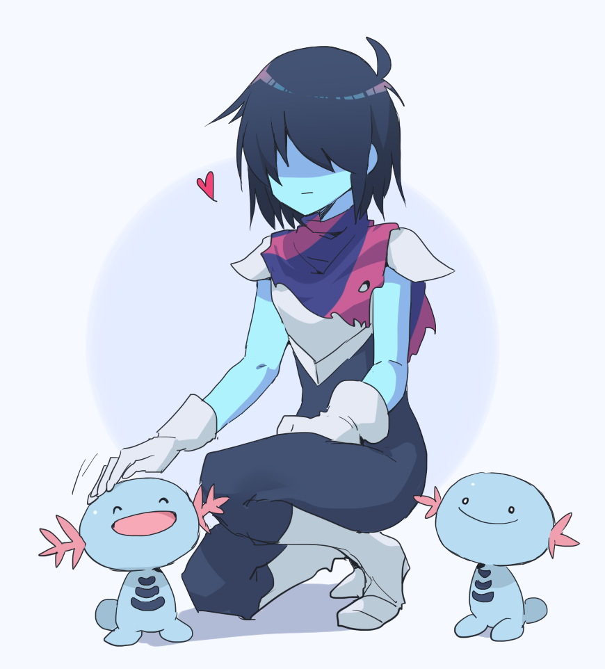 1other antenna_hair armor blue_background blue_bodysuit blue_skin bodysuit character_request closed_eyes closed_mouth colored_skin deltarune gloves grey_armor grey_footwear grey_gloves hair_over_eyes headpat heart komugiko_(bitte_komu) kris_(deltarune) looking_at_another on_one_knee open_mouth pink_scarf pokemon pokemon_(creature) purple_scarf scarf shaded_face short_hair short_sleeves shoulder_armor smile solo squatting striped_clothes striped_scarf