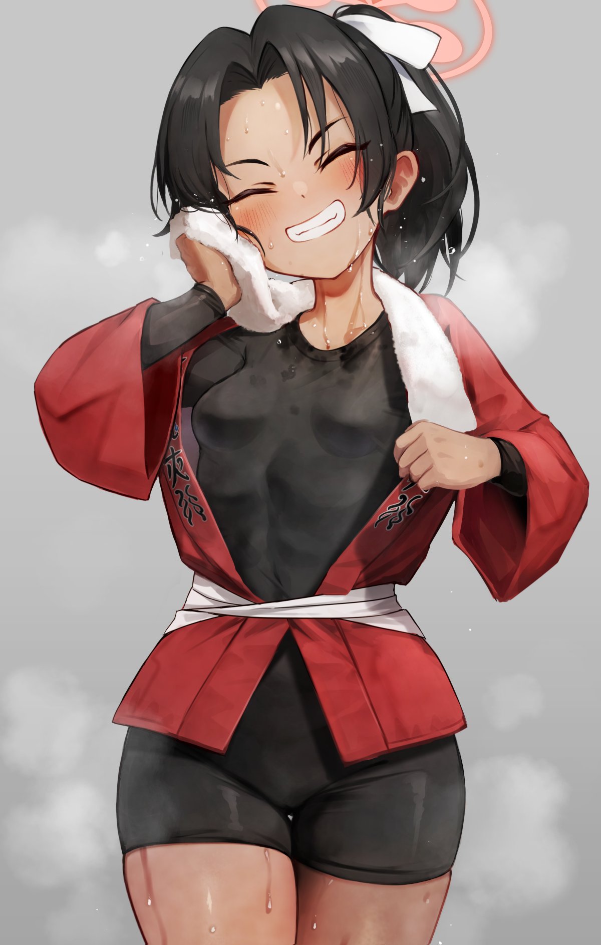 1girl black_hair blue_archive blush breasts closed_eyes cowboy_shot dark-skinned_female dark_skin facing_viewer grin hair_ribbon halo highres japanese_clothes kai_(ootamuno12) long_hair long_sleeves pink_halo ponytail ribbon rickshaw_student_(blue_archive) small_breasts smile solo sweat towel towel_on_head white_ribbon white_towel