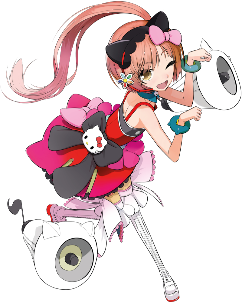 1girl animal_ears bare_arms black_bow bow cat_ears dress fake_animal_ears from_above hair_bow hello_kitty hello_kitty_(character) looking_at_viewer megaphone nekomura_iroha nekomura_iroha_(vocaloid4) official_art okama one_eye_closed open_mouth paw_pose pink_bow pink_hair red_dress sanrio side_ponytail sleeveless sleeveless_dress smile solo third-party_source vocaloid yellow_eyes