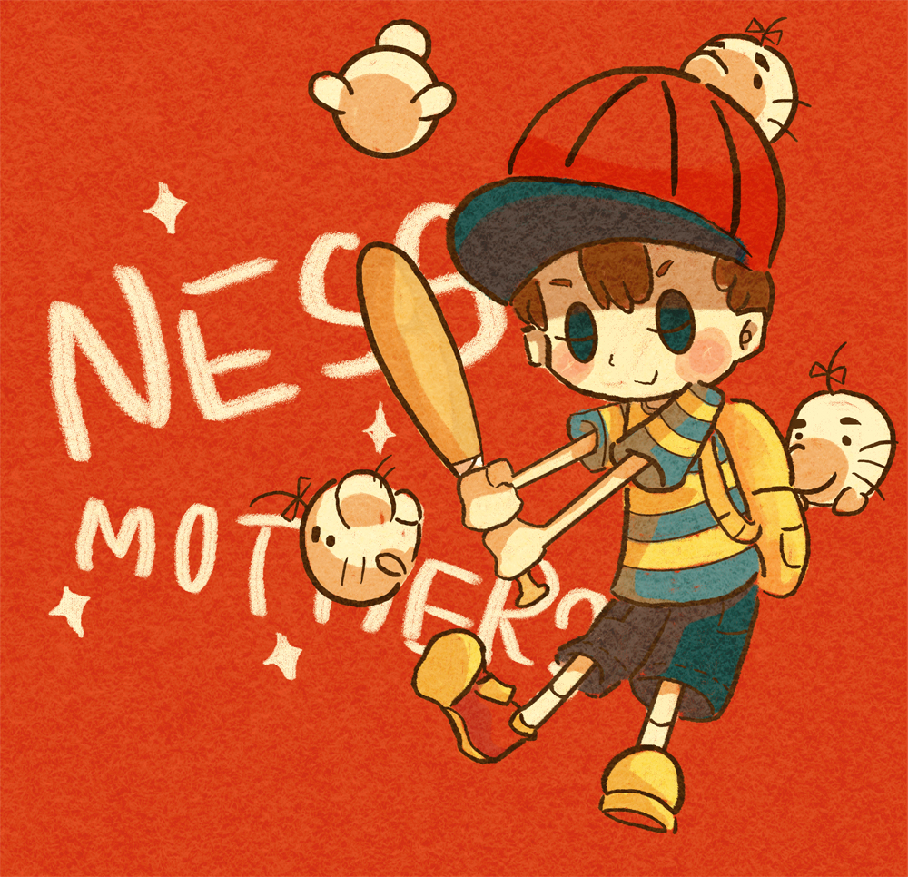 1boy backpack bag baseball_bat baseball_cap black_shorts blush_stickers brown_bag brown_hair character_name closed_mouth copyright_name doseisan eyelashes full_body hat holding holding_baseball_bat kumama_(amandak) male_focus mother_(game) mother_2 ness_(mother_2) red_footwear red_hat shirt shorts socks solid_oval_eyes solo striped_clothes striped_shirt white_socks