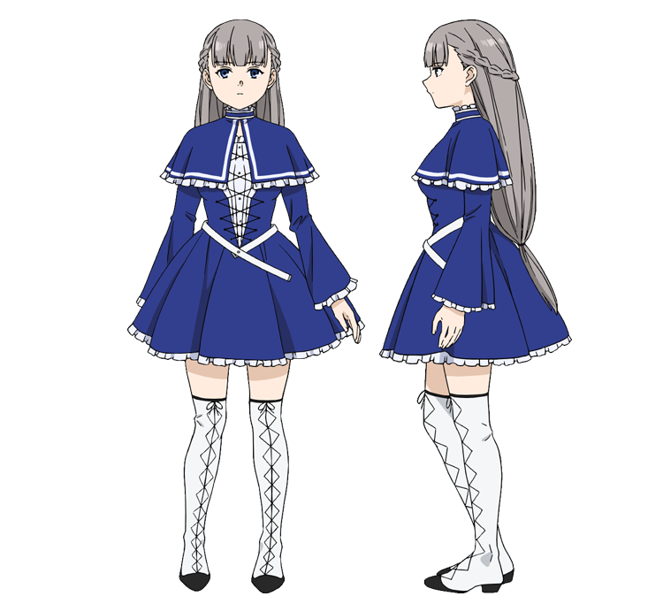 1girl blue_capelet blue_dress blue_eyes blunt_bangs boots braid capelet cross-laced_footwear dress expressionless frilled_cape frilled_dress frills from_side full_body grey_hair lace-up_boots lawine_(sousou_no_frieren) long_hair official_art profile reference_sheet sousou_no_frieren straight-on thigh_boots transparent_background white_footwear