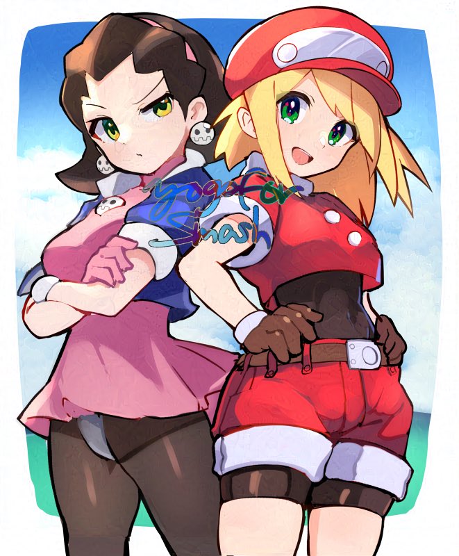 2girls artist_name black_bodysuit blonde_hair blue_jacket bodysuit bodysuit_under_clothes brown_gloves brown_hair cabbie_hat covered_navel cowboy_shot cropped_jacket crotch_plate dress earrings gloves green_eyes hands_on_own_hips hat hirotaka_(hrtk990203) jacket jewelry looking_at_viewer medium_hair mega_man_(series) mega_man_legends_(series) multiple_girls open_clothes open_jacket open_mouth pink_dress red_hat red_jacket red_shorts roll_caskett_(mega_man) short_dress shorts skull_brooch skull_earrings sleeves_rolled_up smile tron_bonne_(mega_man)