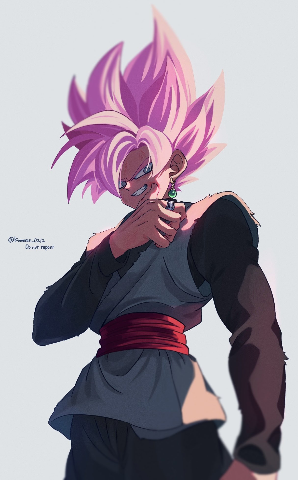 1boy black_hair black_pants black_shirt blurry blurry_background blurry_foreground cowboy_shot dougi dragon_ball dragon_ball_super earrings evil_smile from_below goku_black grey_eyes grey_tunic highres jewelry komesan_0212 long_sleeves looking_at_viewer male_focus medium_hair pants parted_lips pink_hair potara_earrings red_sash sash shirt simple_background single_earring smile smirk solo spiked_hair super_saiyan super_saiyan_rose thick_eyebrows twitter_username