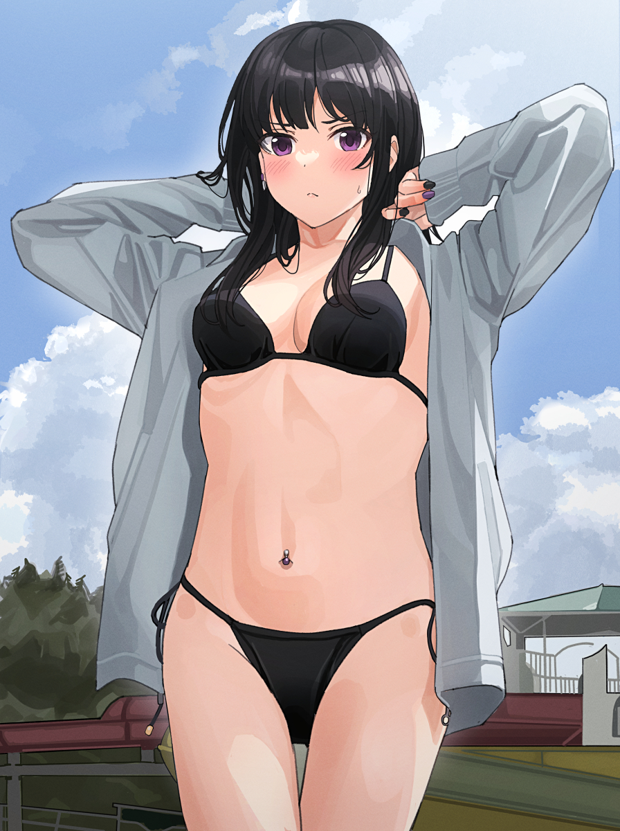 1girl bikini black_bikini black_hair black_nails blue_sky breasts cloud commentary_request day fence grey_jacket highres house jacket long_hair medium_breasts nail_polish navel navel_piercing original outdoors piercing purple_eyes side-tie_bikini_bottom sky solo standing swimsuit thigh_gap tipii