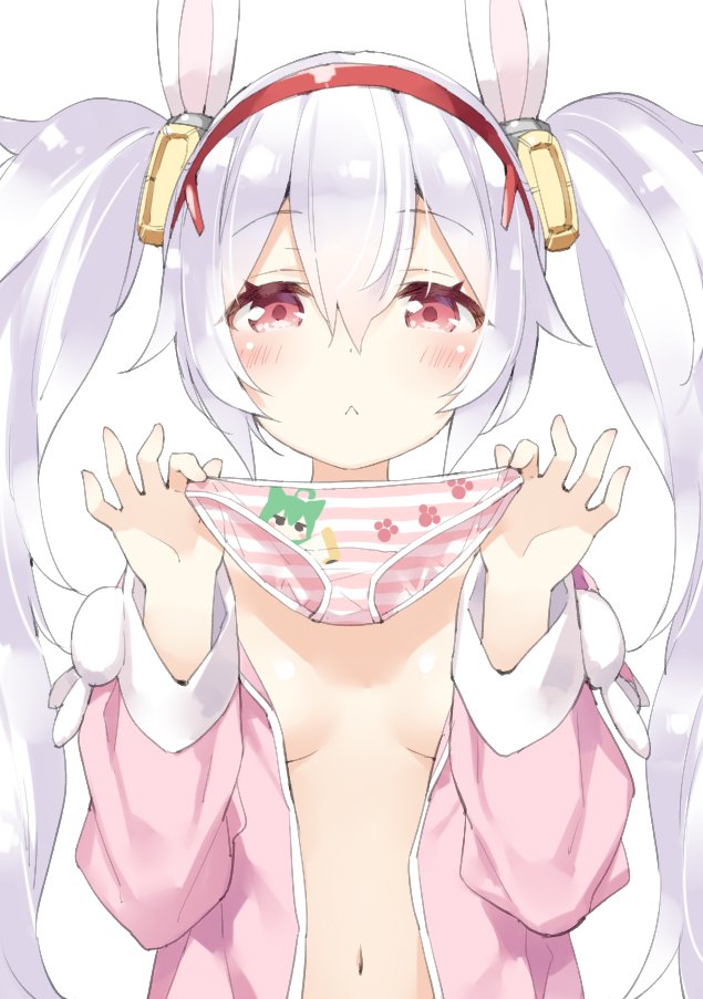 1girl :&lt; akashi_(azur_lane) animal_ears azur_lane blush breasts bunny_ears closed_mouth commentary_request hairband hands_up holding holding_panties jacket laffey_(azur_lane) long_hair long_sleeves looking_at_viewer naked_coat navel open_clothes open_jacket panties panties_removed peko pink_jacket red_hairband silver_hair simple_background small_breasts solo striped striped_panties twintails underwear upper_body very_long_hair white_background