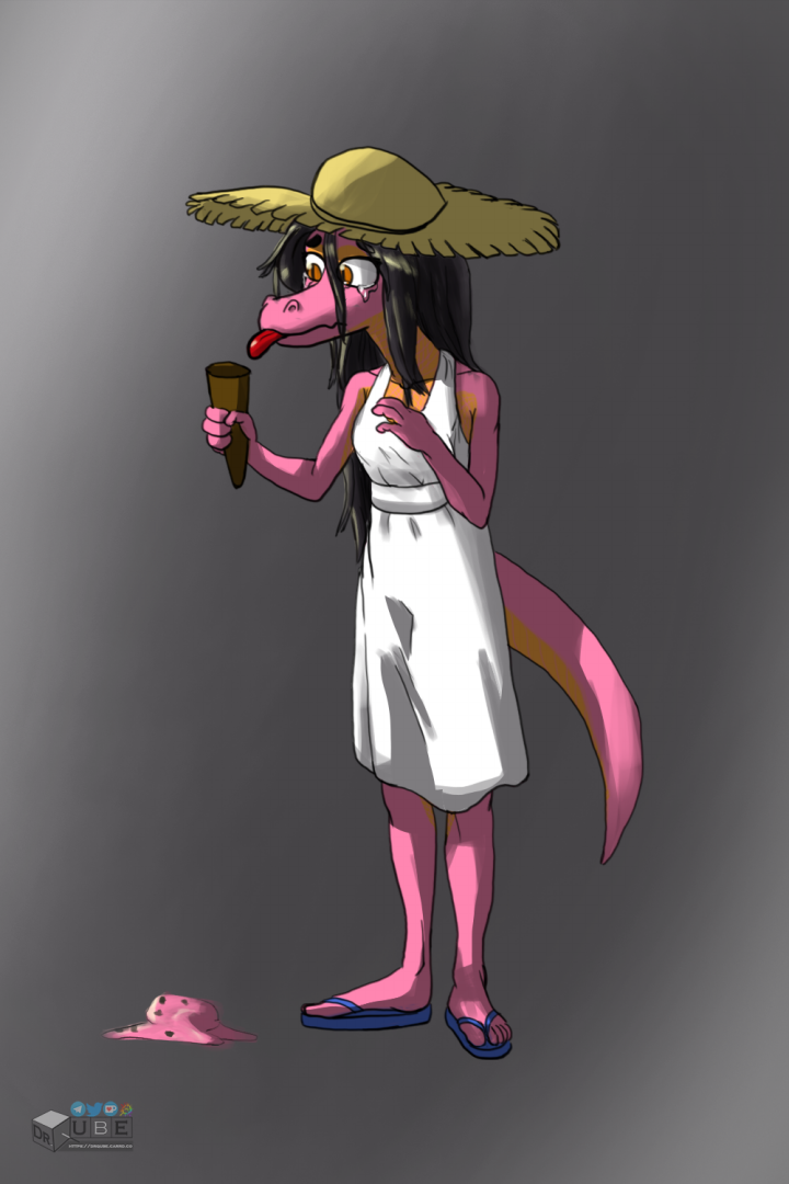 black_hair bodily_fluids clothing crying dessert dress drqube female food hair hat headgear headwear ice_cream kobold pink_body solo solo_focus solo_in_panel straw_hat sundress tears tongue tongue_out yellow_eyes