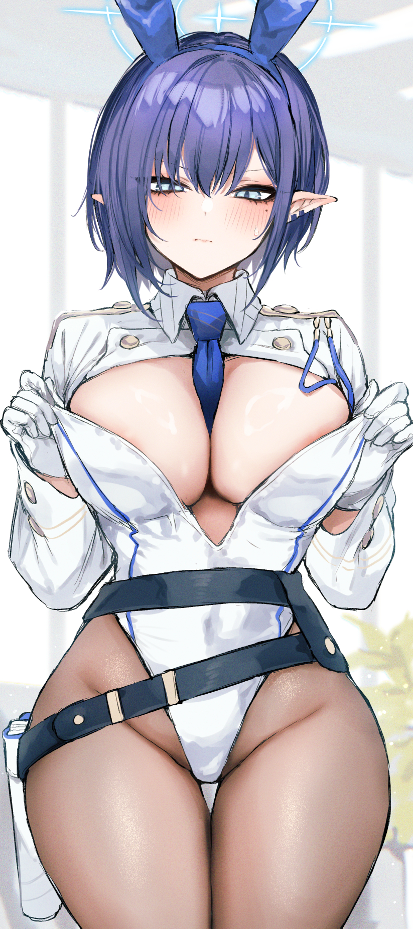 1girl adapted_costume alternate_costume animal_ears aoi_(blue_archive) between_breasts blue_archive blue_hair blue_necktie breasts cleavage cowboy_shot danimaru fake_animal_ears gloves hands_up highleg highleg_leotard highres large_breasts leotard long_sleeves mole mole_under_eye necktie necktie_between_breasts pointy_ears rabbit_ears shiny_skin short_hair solo thigh_gap v-shaped_eyebrows weapon_case white_gloves white_leotard white_shrug wide_hips