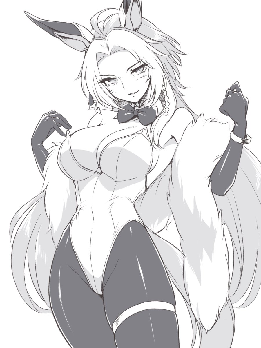 1girl ahoge blue_bow blue_bowtie bow bowtie breasts cleavage cowboy_shot detached_collar elbow_gloves feather_boa gloves greyscale highres large_breasts leotard long_hair monochrome multicolored_hair nontraditional_playboy_bunny orfevre_(umamusume) pantyhose pataneet scarf solo standing strapless strapless_leotard umamusume