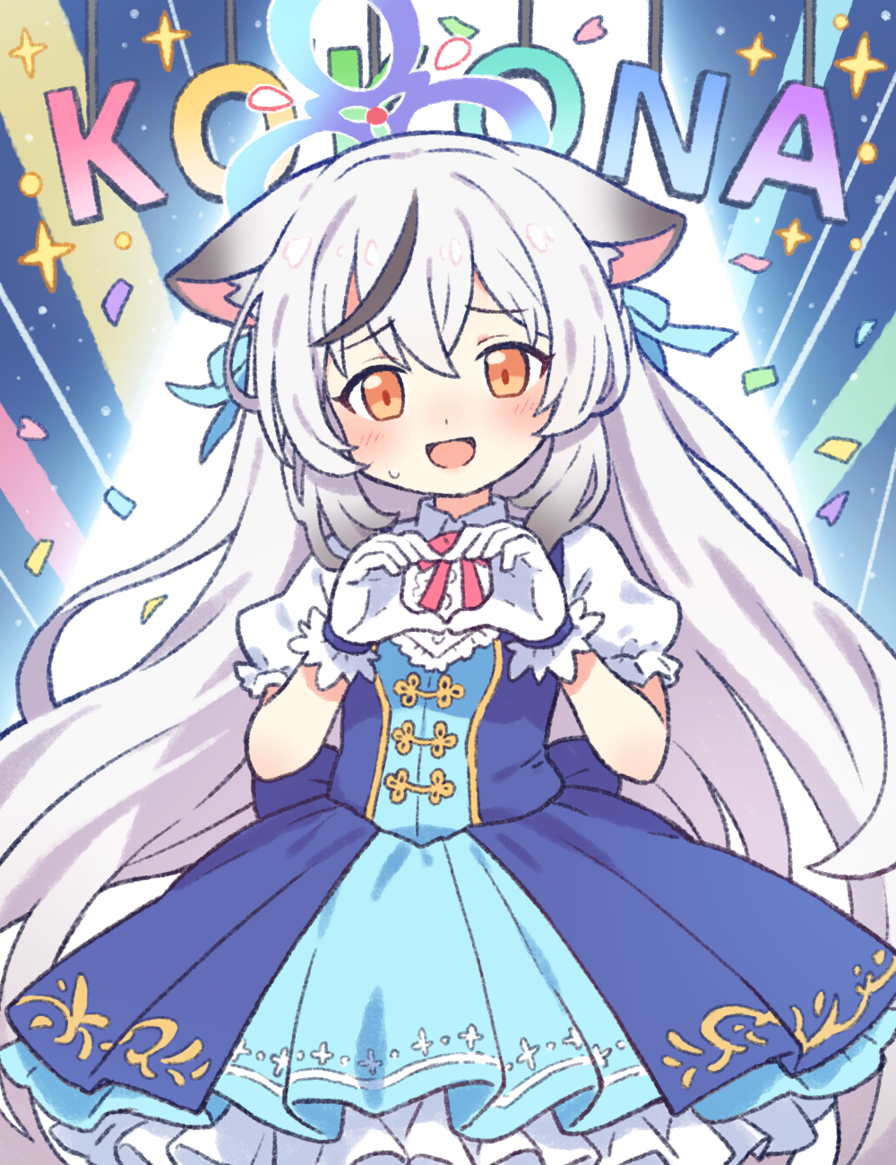 1girl :d alternate_costume animal_ear_fluff animal_ears black_hair blue_archive blue_dress blue_halo blush character_name commentary_request cowboy_shot dress grey_hair halo heart heart_hands highres kokona_(blue_archive) long_hair looking_at_viewer multicolored_hair onyhakase open_mouth orange_eyes puffy_short_sleeves puffy_sleeves short_sleeves smile solo streaked_hair tiger_ears tiger_girl two-tone_dress very_long_hair
